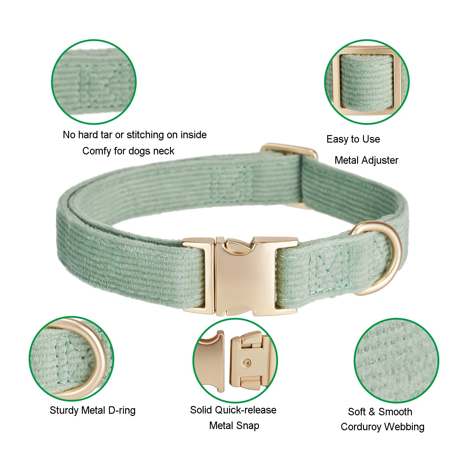 Yudote - Collare per cani ultra morbido in corduroy di cotone naturale, realizzato per cani di taglia media con pelle sensibile, colore verde salvia