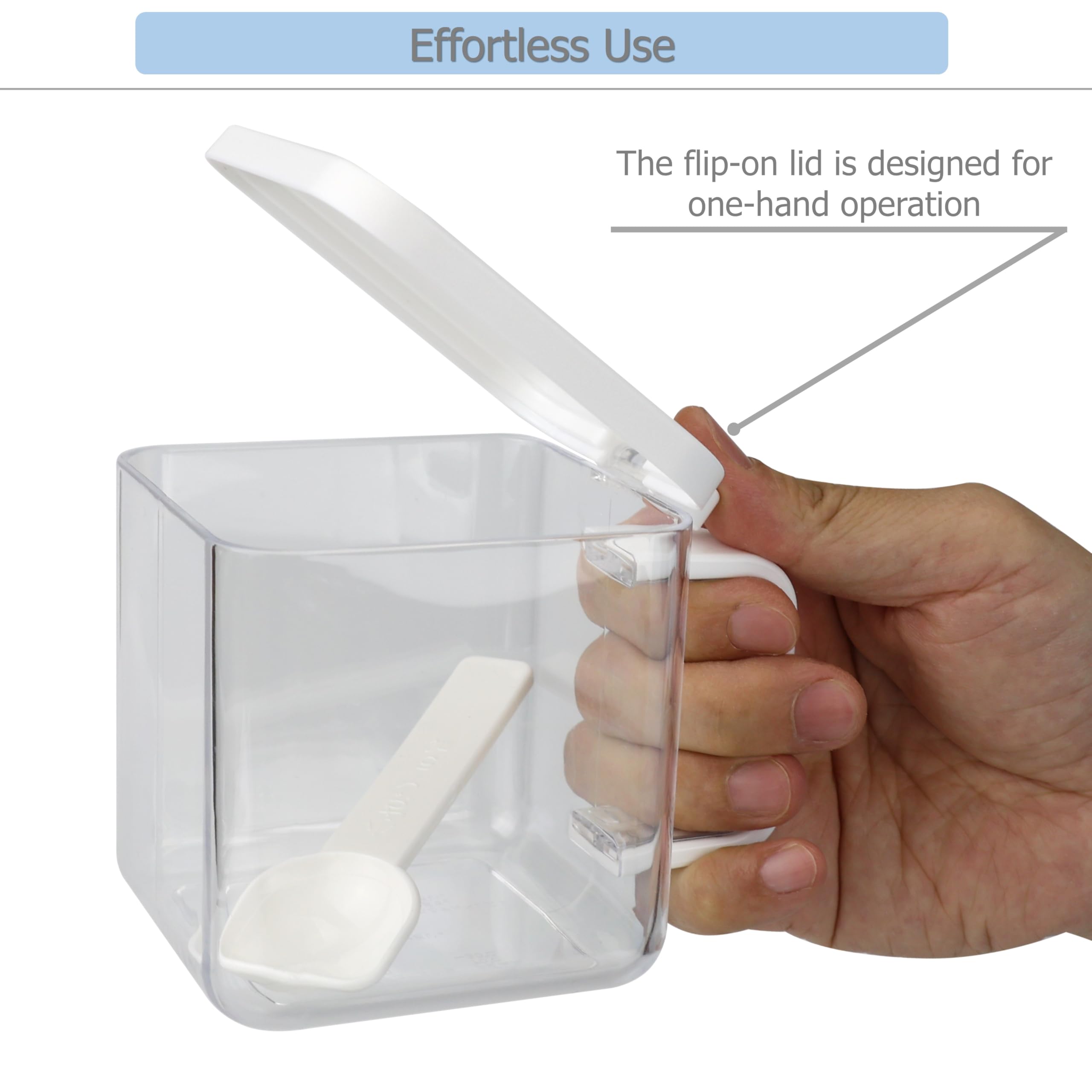 EIKS Ollas transparentes para condimentos con forma cúbica con cuchara para almacenar y servir especias, sal, azúcar, pimienta en el hogar, cocina, mostrador, restaurante