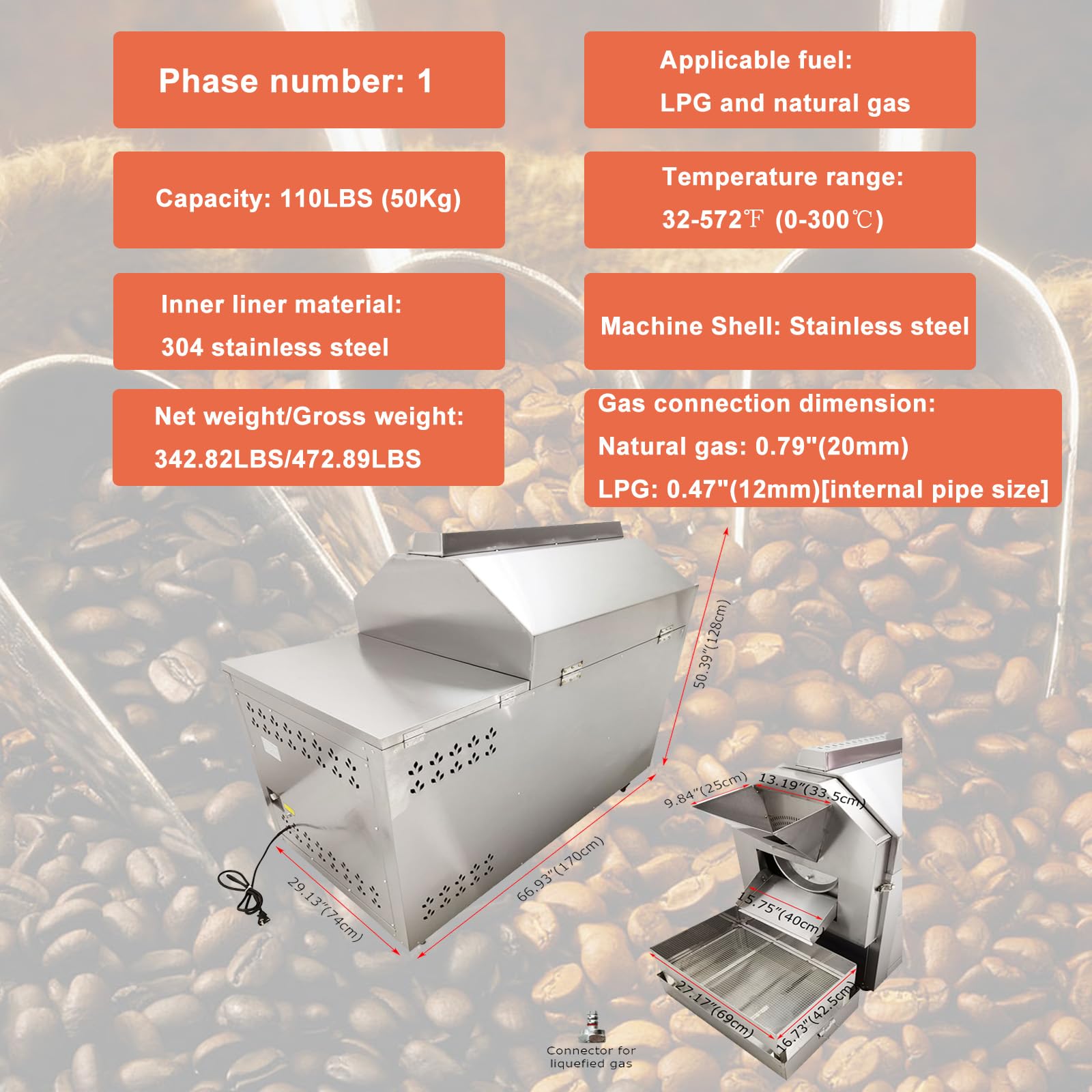 Banfluxion Gas Heating Coffee Bean Roaster 220V 280W Commercial Stainless Steel Nuts Bean Roasting Machine Drum Structure Baking Machine 50kg Capacity 0-300? 1PH