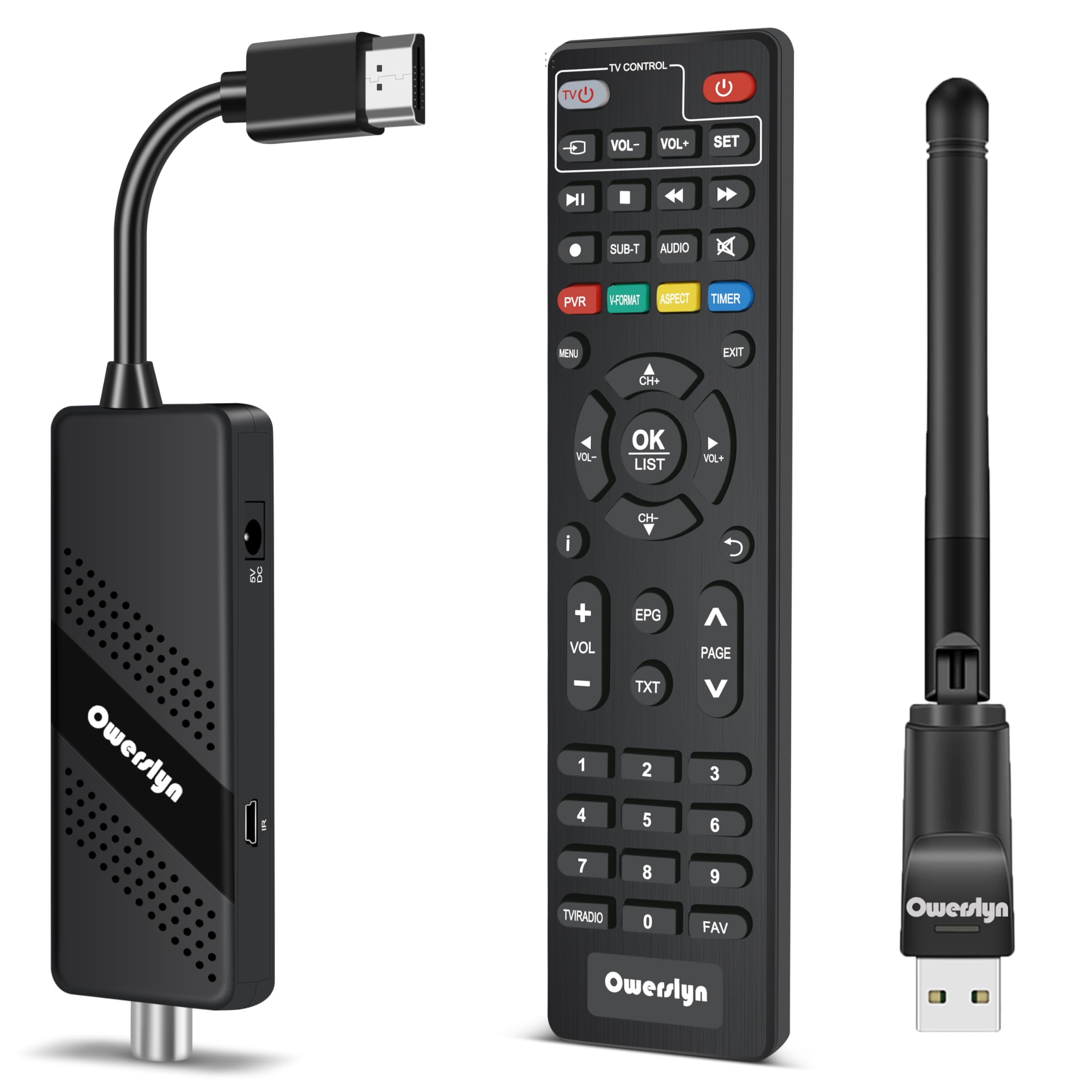 Decoder Digitale Terrestre 2026 + WiFi USB MT7601, OWERSLYN Decoder DVB-T2, HD 1080P H.265 HEVC, TV Stick con Uscita HDMI/AV, HDMI CEC, USB Multimediale, Funzione PVR, Telecomando Infrarossi 2in1