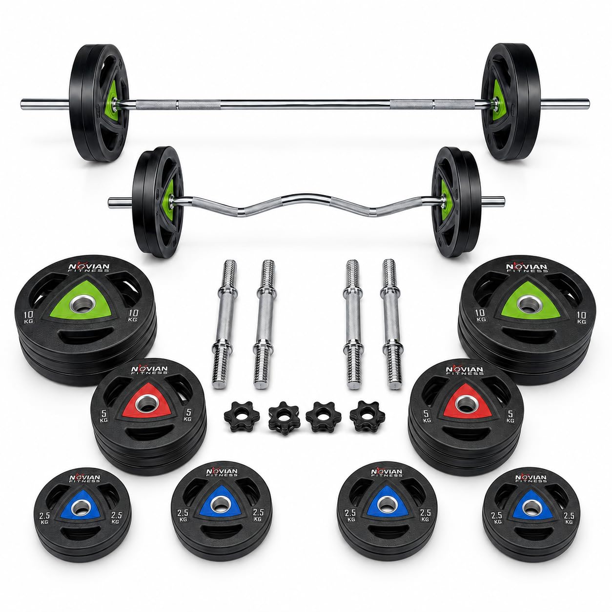 120kg heavy-duty home gym set with powerlifting barbell, curl rod & dumbbell rods | 28mm tri-grip rubber-coated weight plates | complete training set (2.5kg × 4 + 5kg × 4 + 10kg × 9)