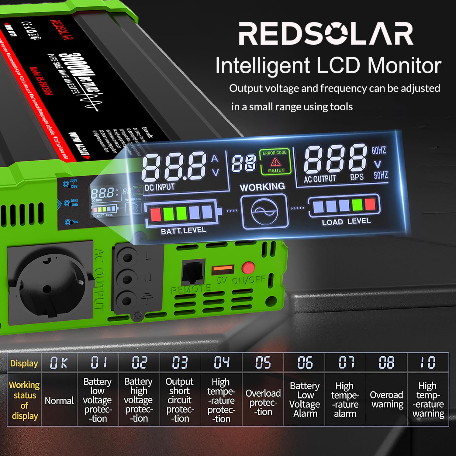 REDSOLAR Convertisseur Pur Sinus 3000W (Pic 6000W) 12V 220V 230V, Onduleur avec Port USB, Prise EU, Écran LCD et Télécommande Filaire de 7 Mètres – pour Caravane, Camping, Voyage et Systèmes Solaires