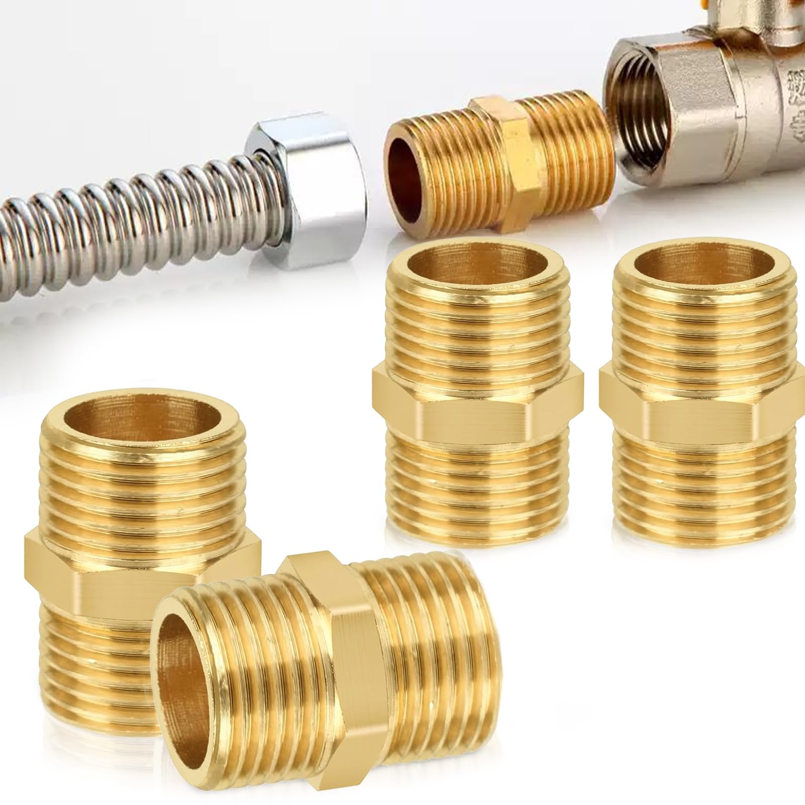 4 Pcs 1/2" Male to 1/2" Males, Thread Brass Hex Nipple Connector Pipe Fittings Straight Pipe Hex Fitting Males Thread Connector Male for Pipe Connecting Conversion