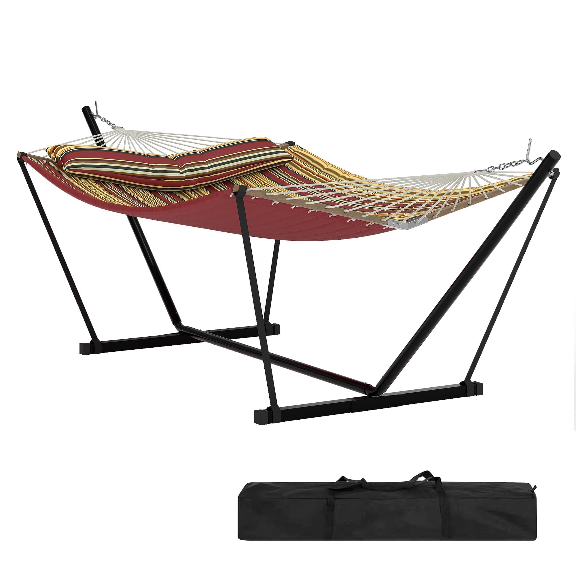 Cachpib 12FT Garden Hammocks 2 Person with Heavy Duty Steel Stand, Large Hammock with Wooden Spreader Bar & Detachable Pillow, 204kg Capacity, Indoor and Outdoor Hammock for Patio, Pool or Backyard