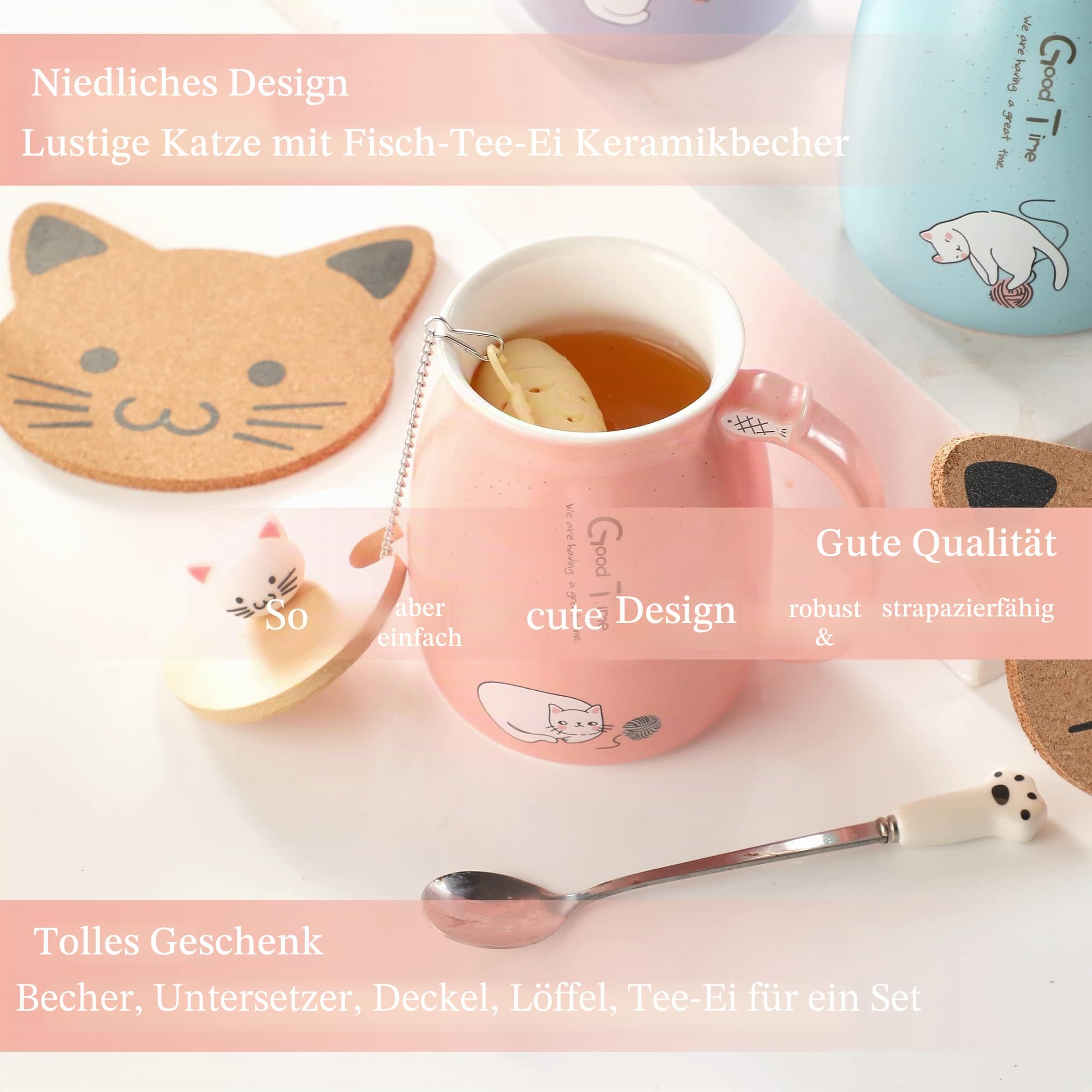 Katzen-Tasse Süße Keramik Kaffeetasse mit deckel,Edelstahl Löffel, Neuheit Morgen Cup Tee Milch Weihnachten Becher Geschenk Teetasse mit Deckel und Sieb Geschenke für Frauen380ML (Rosa)