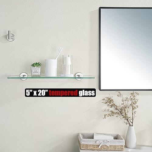 Miniatura 2 de JQK TGS101L20-BN - Estante de vidrio templado para ducha de 20 x 5 pulgadas, acero inoxidable 304 con acabado cepillado, montaje en pared