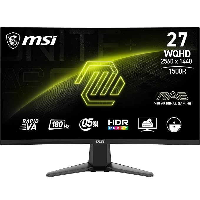 MSI MAG 27CQ6F 27 Inch 2K WQHD Curved Gaming Monitor - 1500R 2560 x 1440 Rapid VA Panel, 180 Hz / 0.5ms (GtG, Min.), Adaptive-Sync - DP 1.4a, HDMI 2.0b CEC