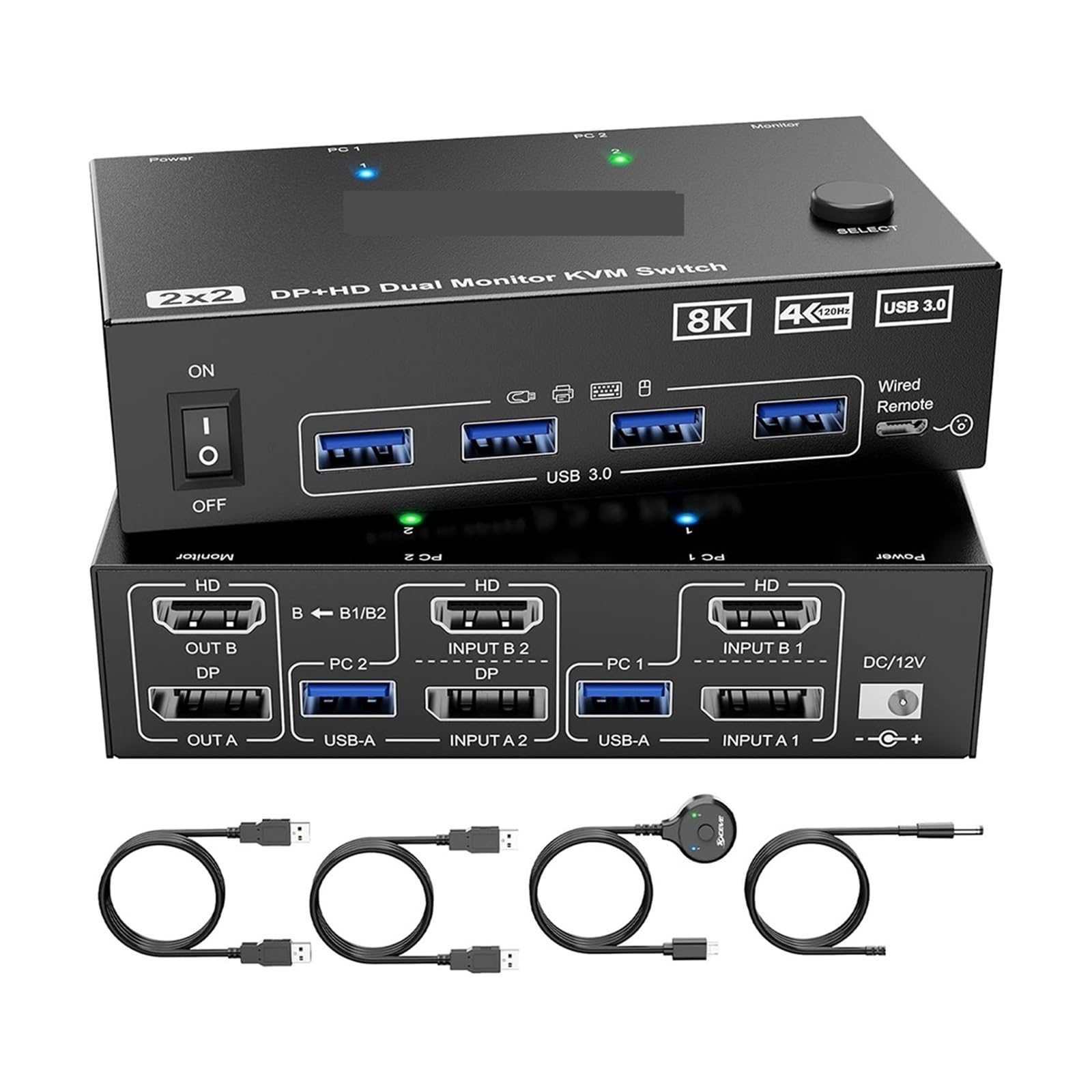Przełącznik Wideo, Przełącznik KVM z dwoma monitorami, 2 porty, 8K@60Hz, 4K@144Hz, zgodny z i DP, przełącznik USB 3.0, rozszerzony wyświetlacz, 2 monitory, 2 komputery