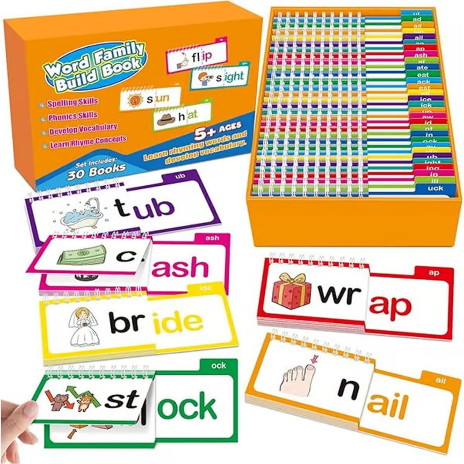 30 Read and Rhyme Flip Books, Word Families, Letter Sounds Flash Cards, Learn to Read Phonics Flash Cards, Read and Rhyme Activity Book, Educational Reading Games