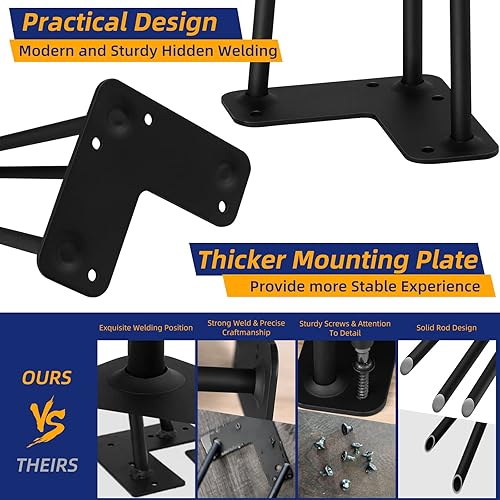 Miniatura 5 de ROTHLEY Patas de mesa de horquilla de 28 pulgadas, 3 varillas sólidas de metal para mesa, juego de 4 patas de escritorio resistentes con protectores