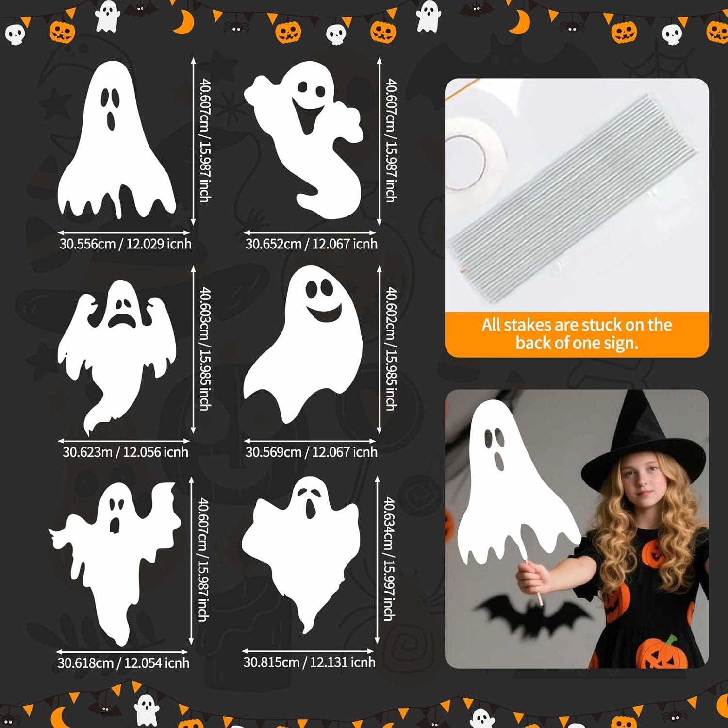 5pcs Halloween Ghost Yard Signs with Stakes - Black - Plastic & Wood - 12"x15" - Outdoor Garden Lawn Decor - Halloween Party Favor