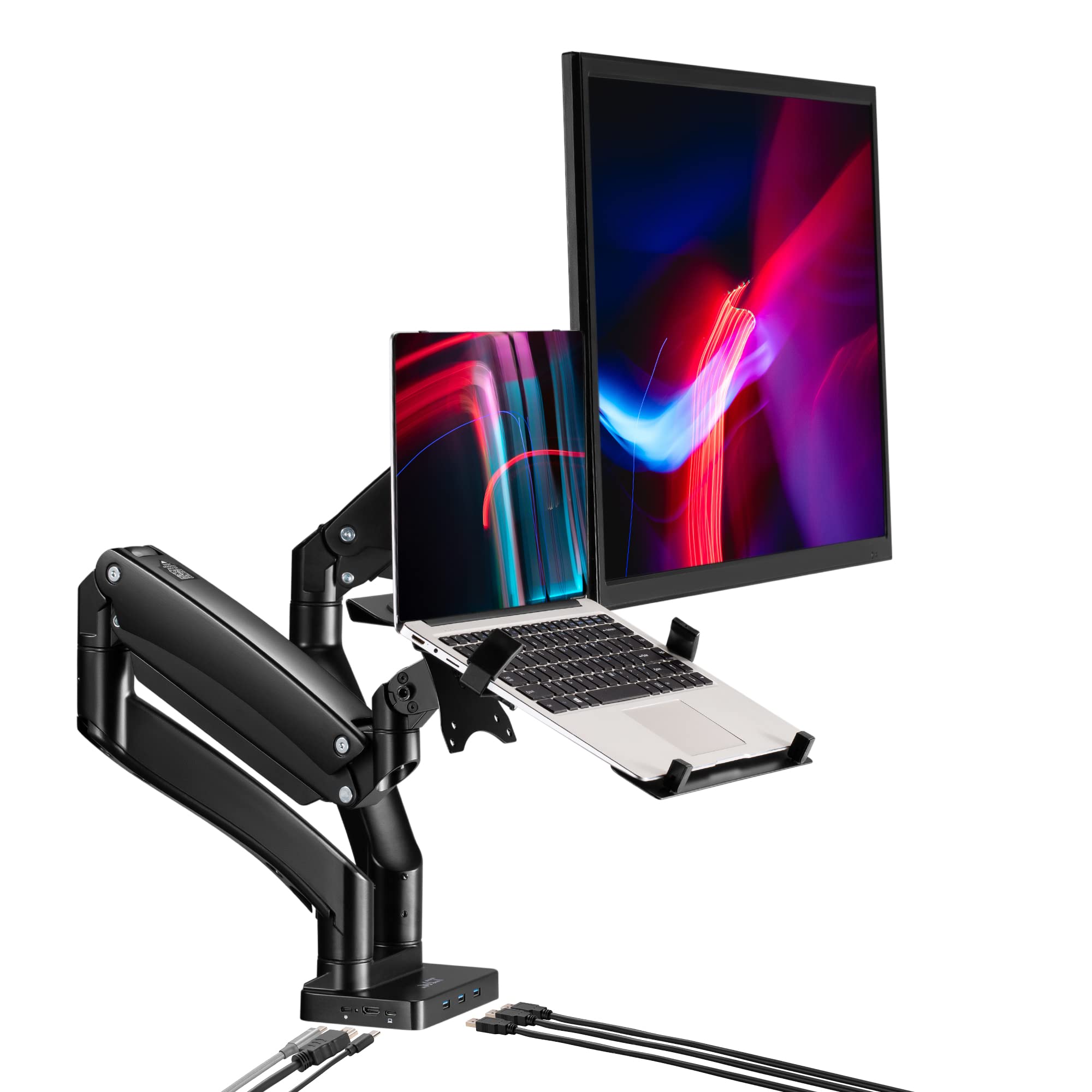AVLTDual 17”-43" Monitor Arm Desk Mount with 15" Laptop Tray and USB-C Docking Station, HDMI 4K60Hz, USB-A 5Gbps, Ethernet, 100W PD, Fits Two Flat/Curved Monitor - Black