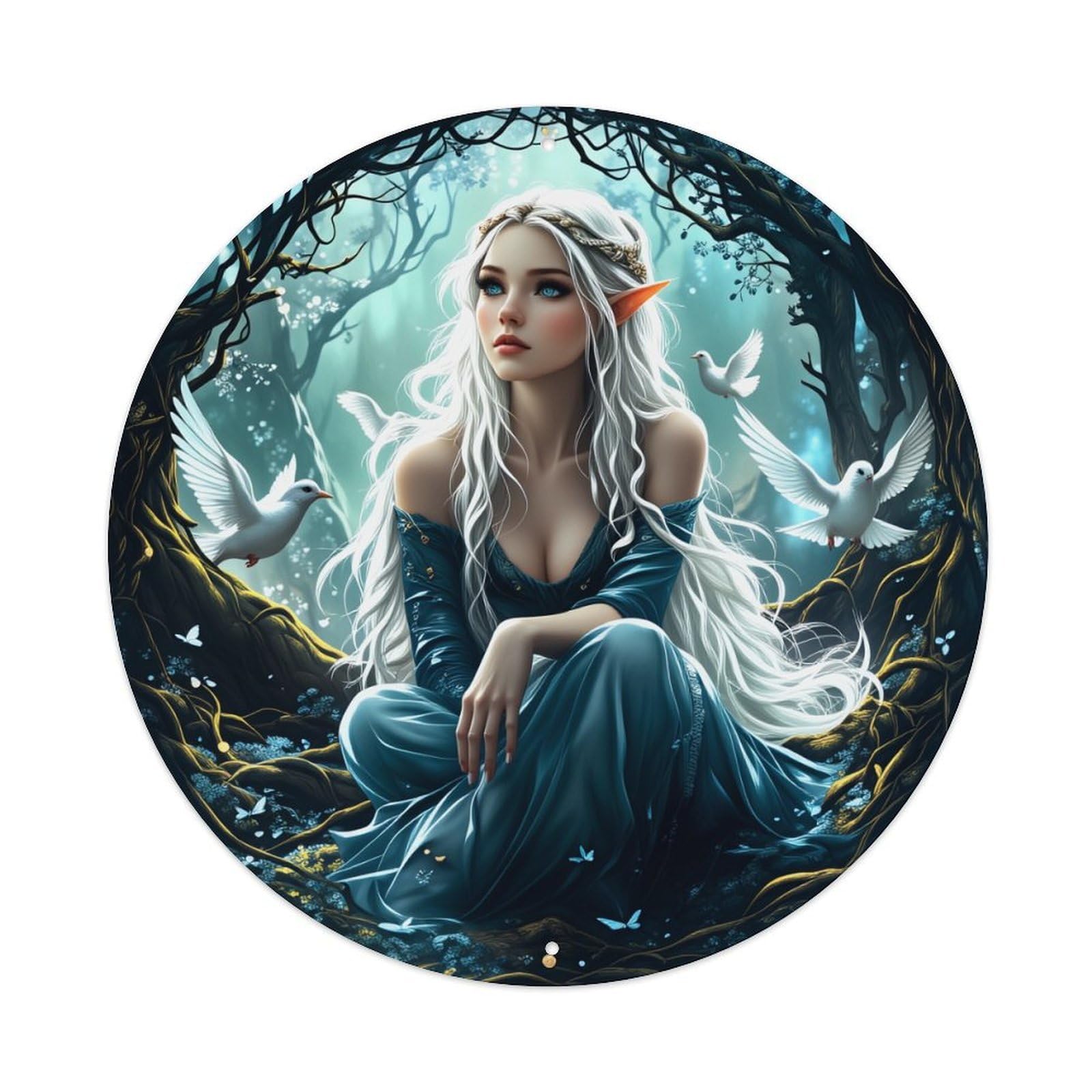 Wmlzdnwr Vintage Elven Princess In Forest With Doves And Twisted Trees Round Tin Sign,Retro Wall Art,Metal Poster For Home, Bar, Garage, Cafe, Rustic Indoor & Outdoor Decor, 8X8 Inches