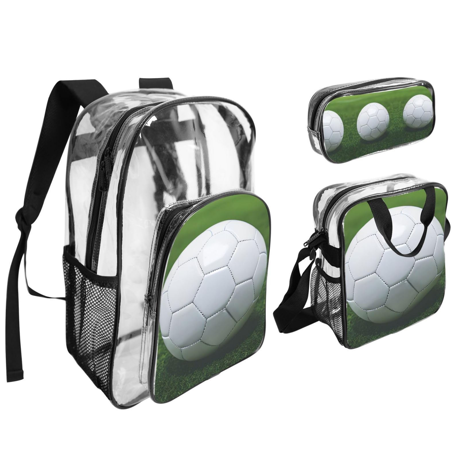 Juego de mochila 3 en 1 con estampado de balón deportivo de fútbol, bolsa transparente para eventos escolares, trabajo, estadio y transporte diario