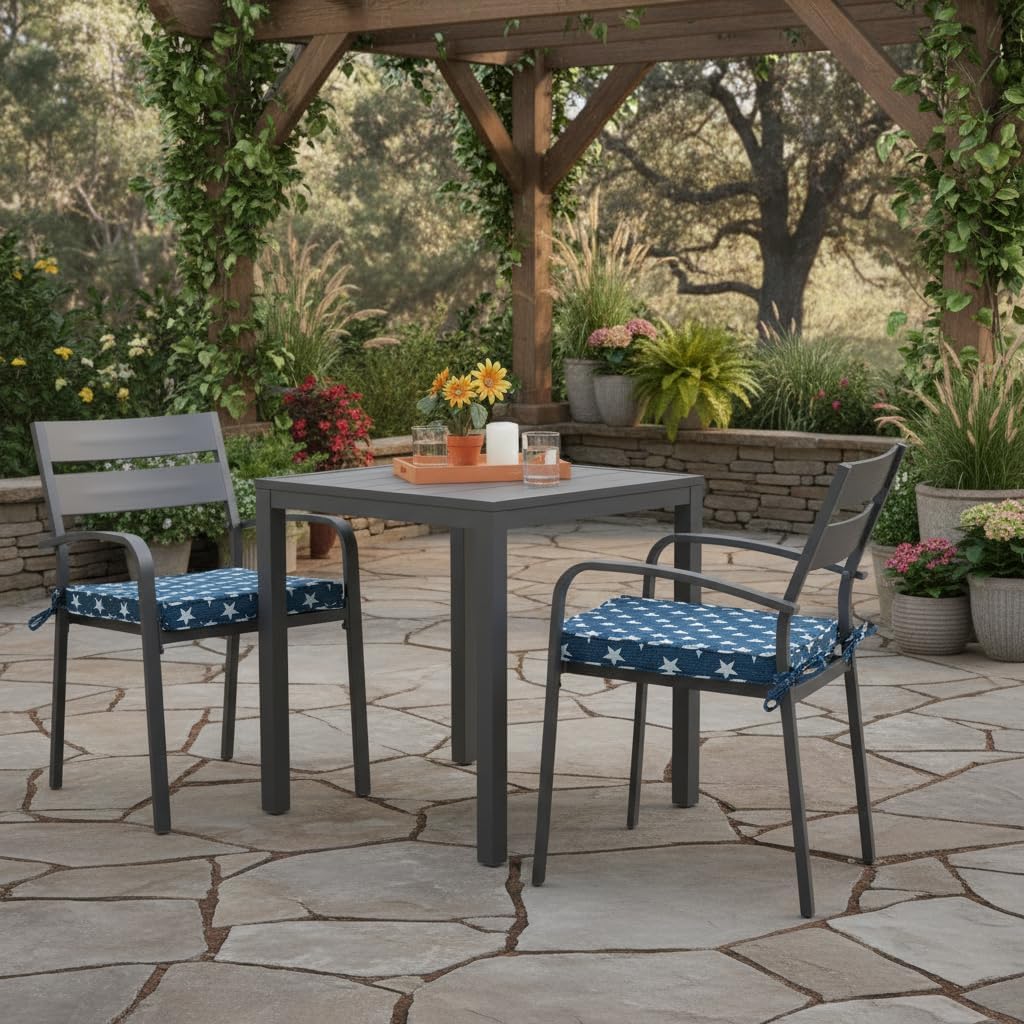 outdoor 18 inch square patio dining chair pads – comfortable fiber-filled seat cushions with ties, reversible polyester fabric - stars, set of 2 stars set of 2