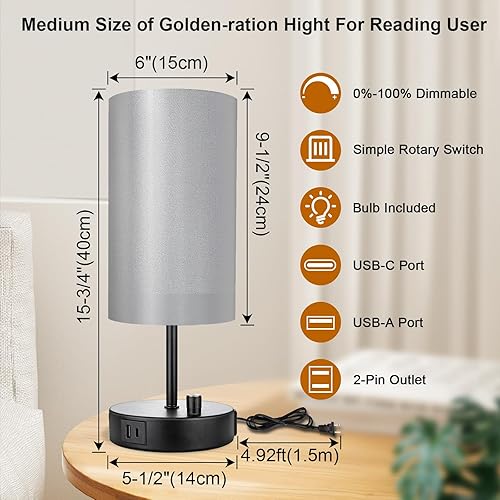 Miniatura 3 de Lámparas de mesita de noche de 15.75 pulgadas con puertos USB A+C y salida de CA, pequeña luz de mesita de noche para dormitorios, lámpara de