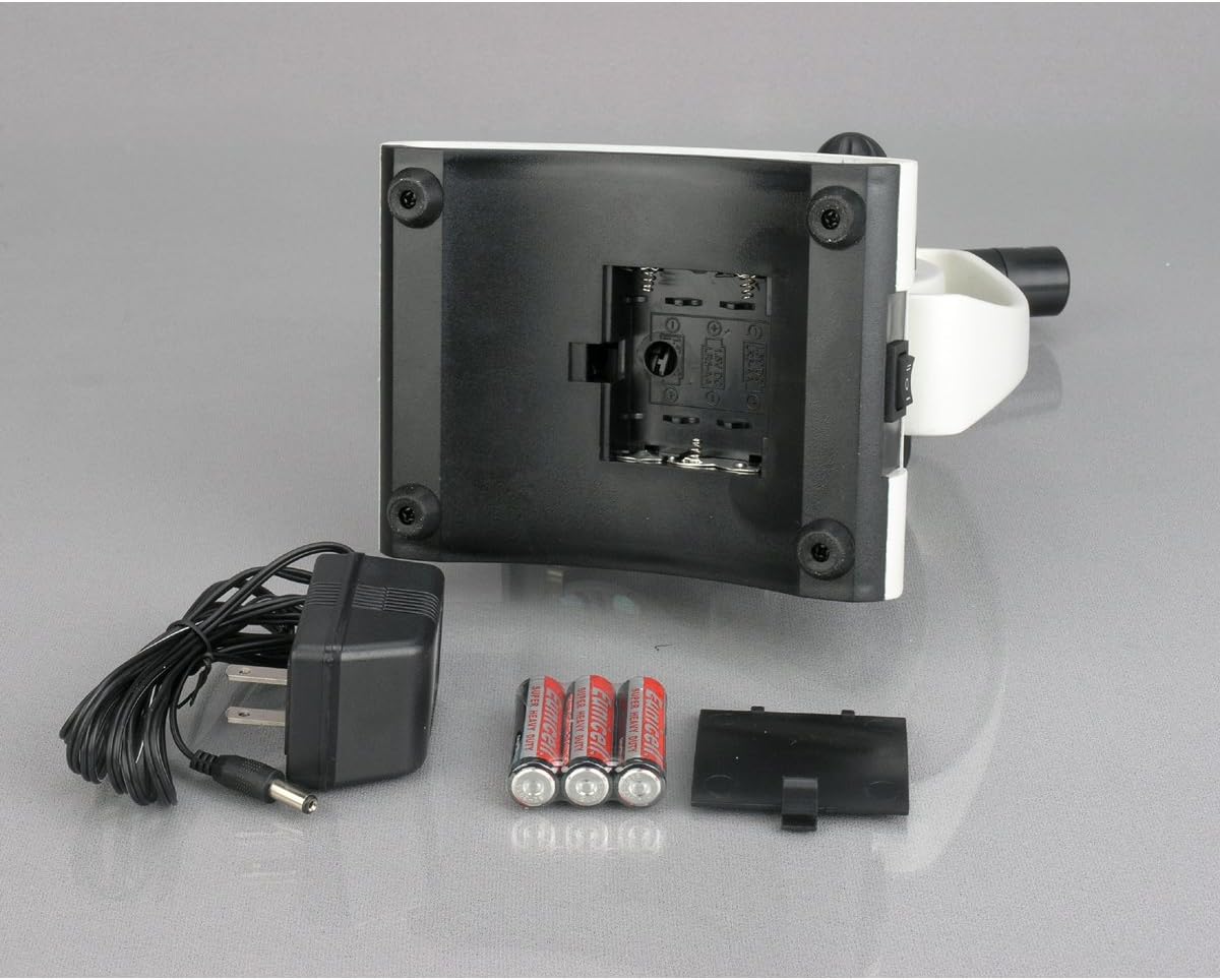 AmScope M160C-2L-PB10 Cordless Compound Monocular Microscope, WF10x and WF25x Eyepieces, 40x-1000x Magnification, Upper and Lower LED Illumination with Rheostat, Brightfield, Single-Lens Condenser, Coaxial Coarse and Fine Focus, Plain Stage, 110V or Battery-Powered, with Handle and Arched Base