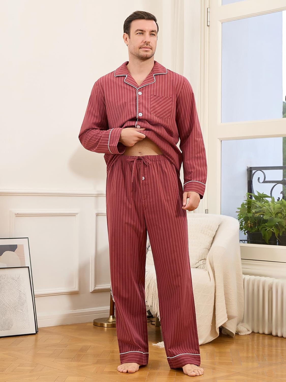 U2SKIIN Couple Pajama Sets, Soft Cotton Button-Down Striped Pajamas for Men and Women Long Sleeve Sleepwear with Pockets - Image 2