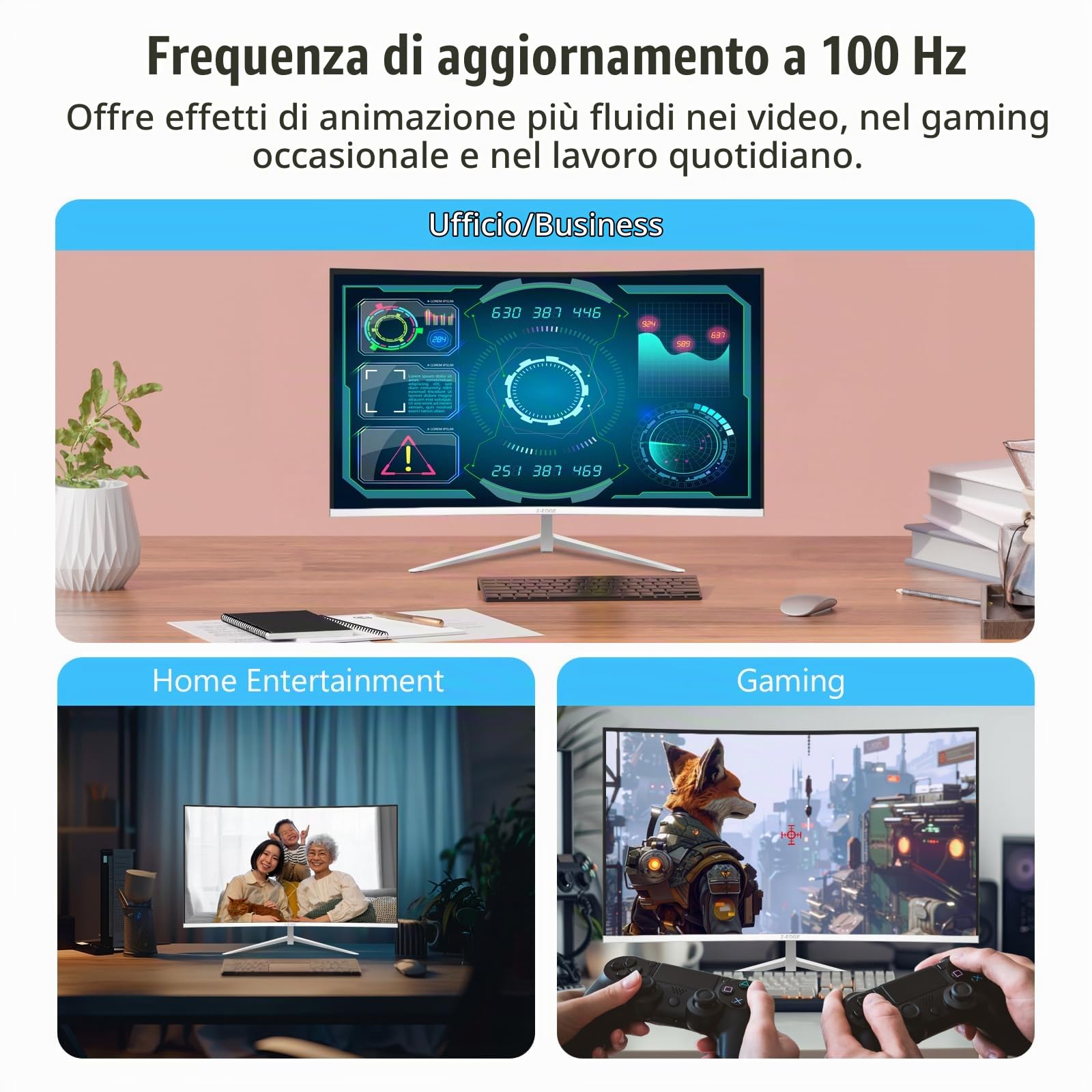 Z-Edge Monitor Curvo Bianco 27 pollici, Pannello VA 100Hz Full HD 1080P, Schermo Curvo 1500R, 99% sRGB, 250 cd/m², HDR10, FreeSync, HDMI e DP, Compatibile con VESA