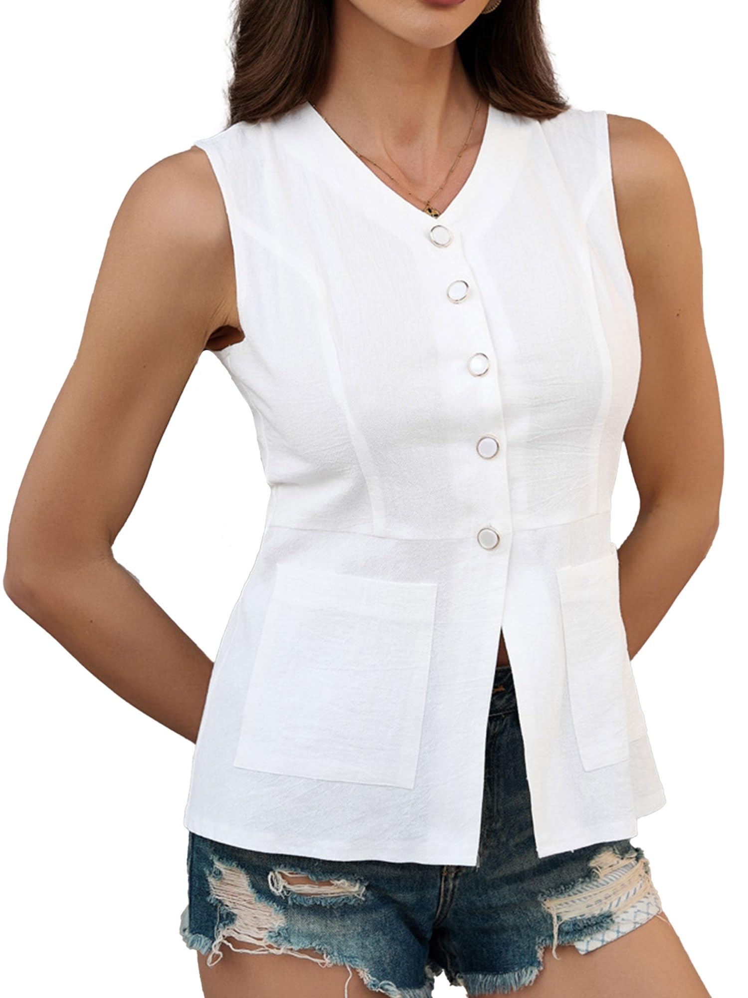 Womens Casual Sleeveless Suit Vests Button Down V Neck Fitted Blazer Vest Tops Summer Outfits 2025