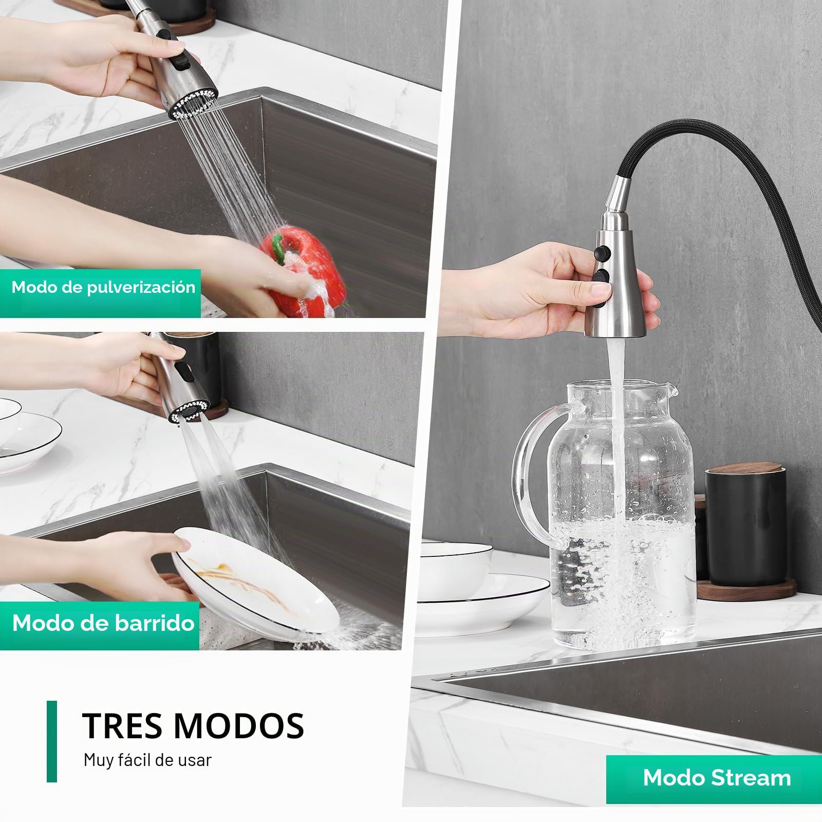 CREA Grifo de Cocina para Fregadero con Ducha Extraíble, Mezclador Monomando, cepillado