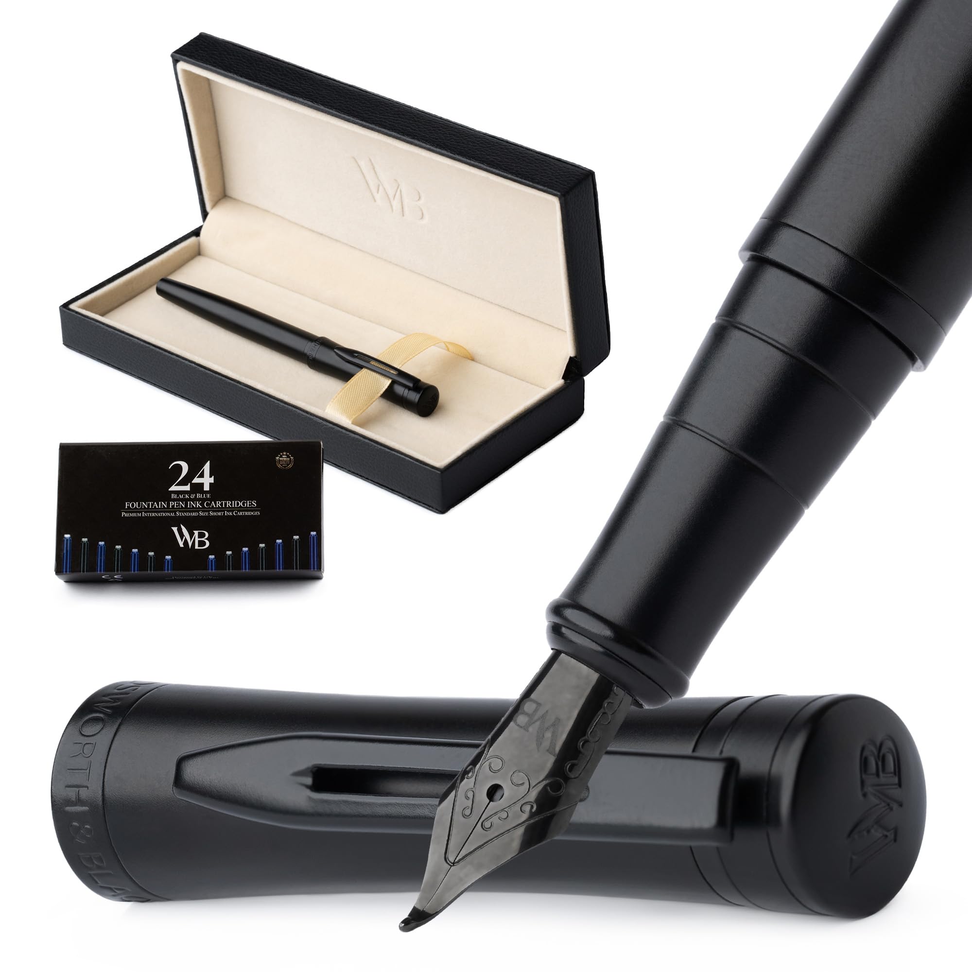 Wordsworth & Black Fountain Pen Set, Curved Letter, 24 Ink Cartridges, Ink Refill Converter & Gift Box Included, Calligraphy, [All Black], Unisex : Office Products