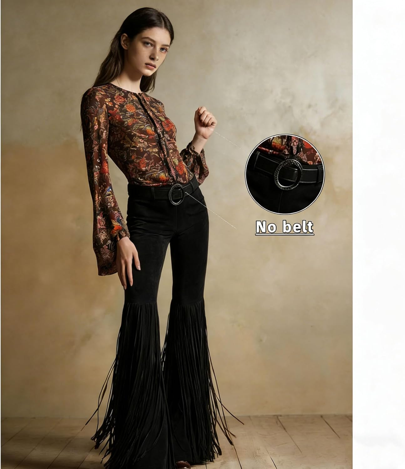 Western Tassel Suede Pants, Vintage Brown Fringe Flared Long Pants for Women