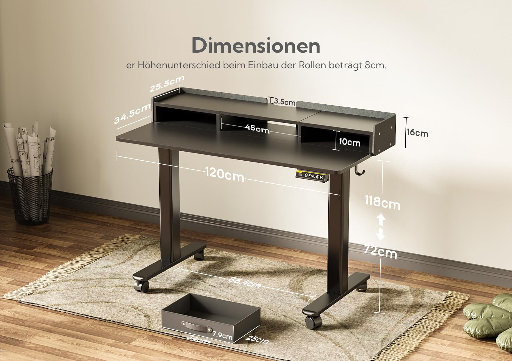 Claiks In hoogte verstelbaar bureau met lade, 120 x 60 cm, elektrisch