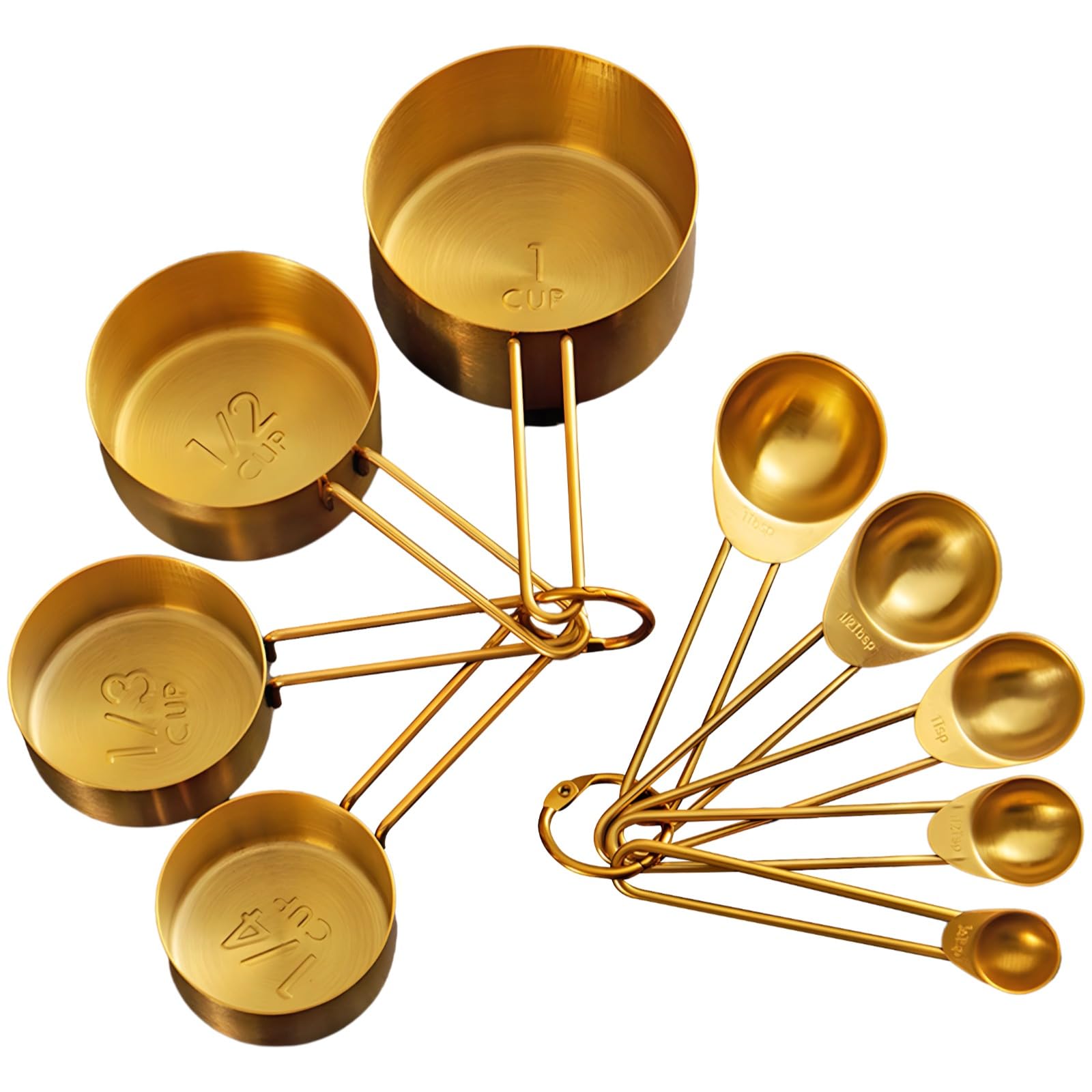 Messbecher und Messlöffel Set, Edelstahl, 9 Teile, mit eingravierten Markierungen, stapelbares goldenes Messset für Backen und Kochen