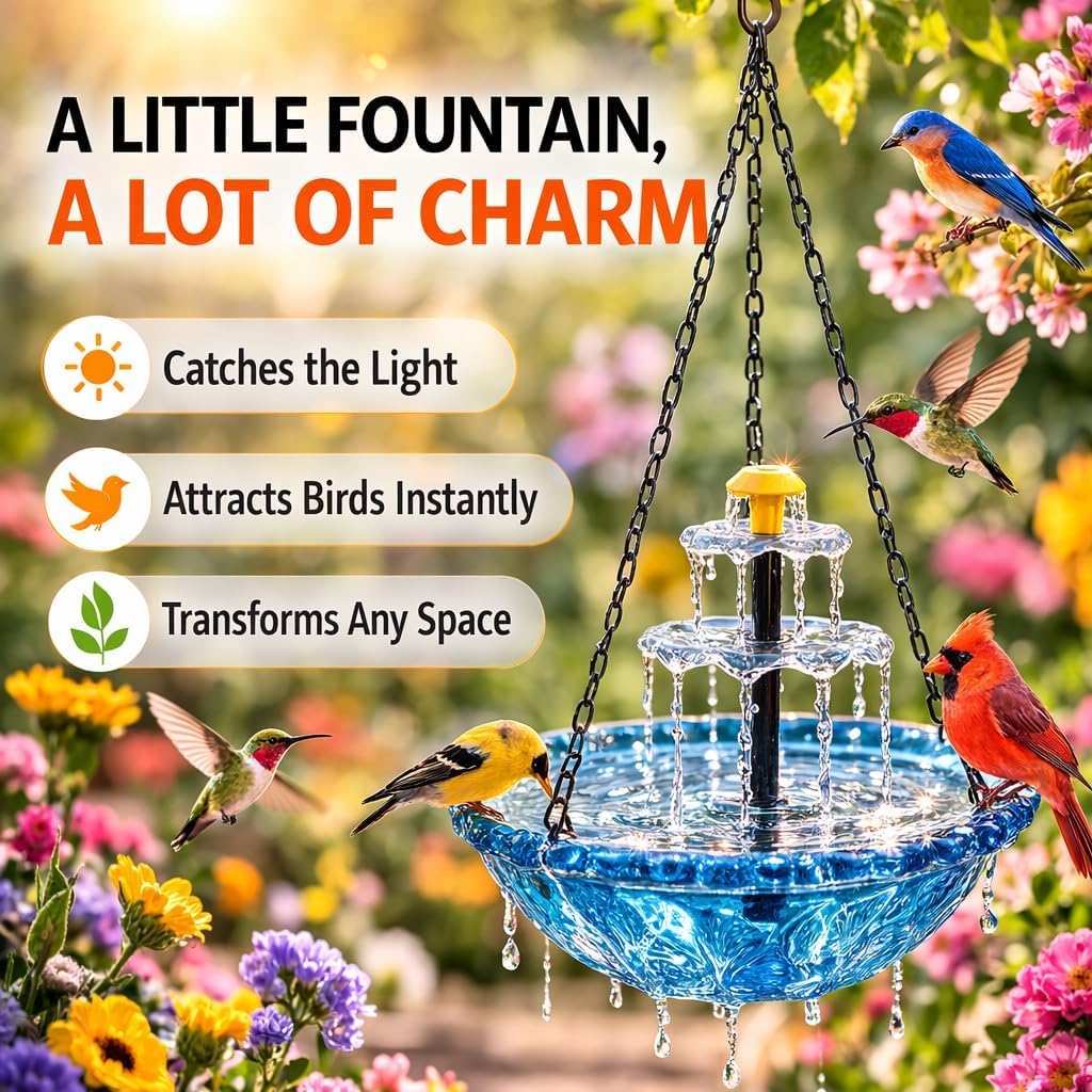 2026 New Solar Cascade Hanging Bird Bath Fountain, 2 Layer Cascading Bird Bath Fountains with Solars Pump & Glass Bowl, for Outdoor, Gardens (2 PCS)