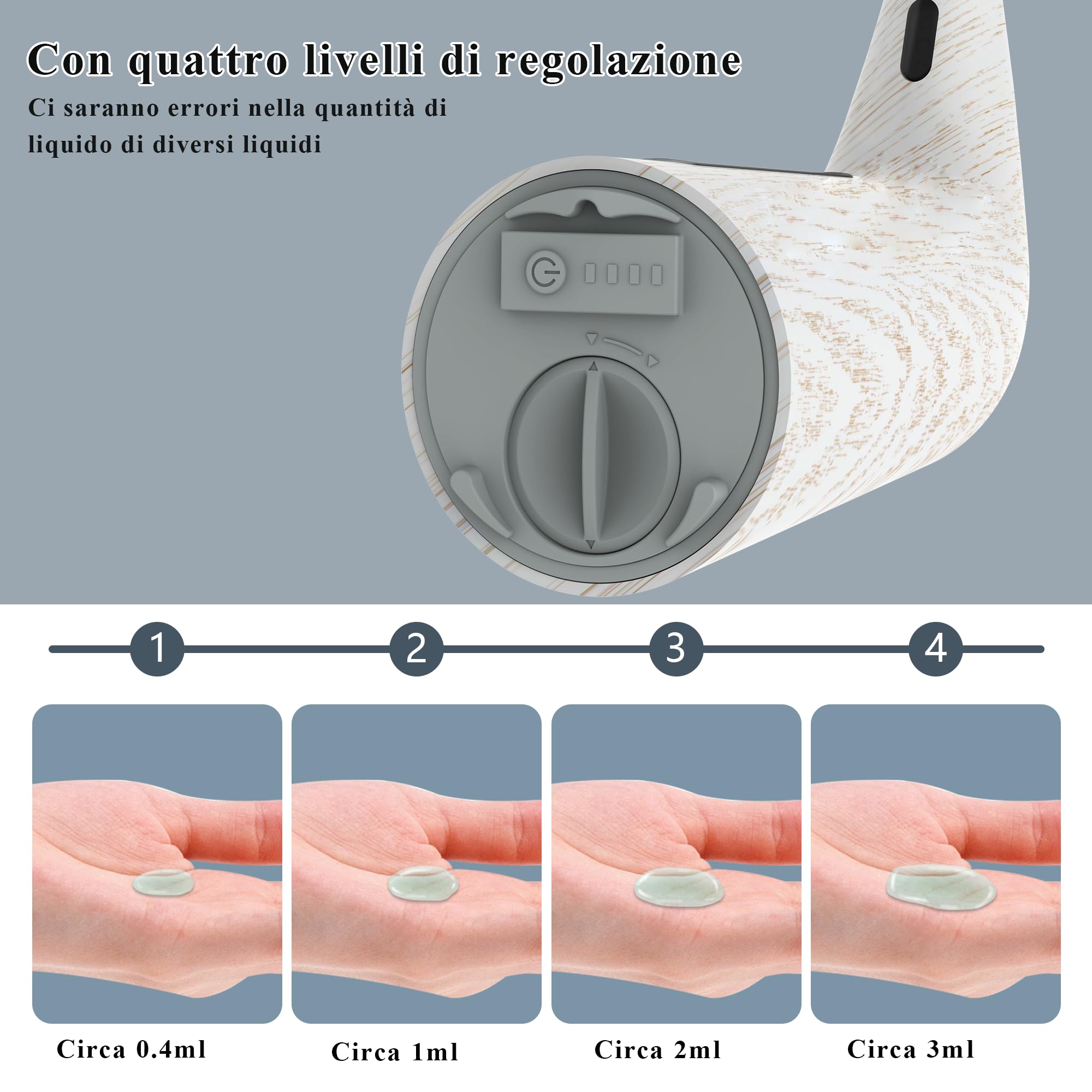 Dispenser automatico di sapone da 400 ml, a batteria, senza contatto, elettrico, con sensore, 4 livelli regolabili, no-touch, per bagno e cucina (Grano di legno bianco)