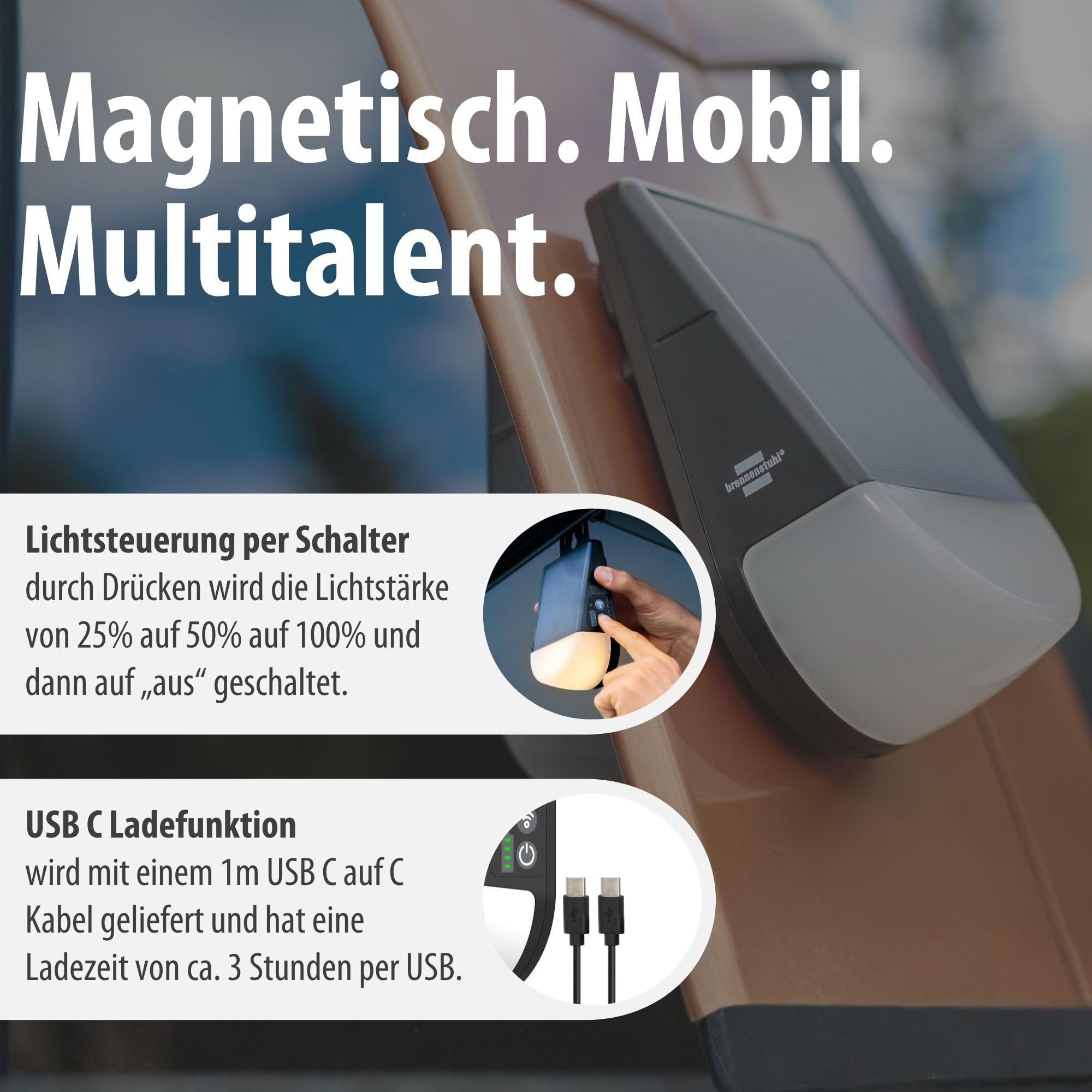 Brennenstuhl Akku Solar LED Outdoor Lampe KL 300 AS (250lm, Wandleuchte mit Bewegungsmelder, IP54, 3 Leuchtstufen, max. 20h Leuchtdauer, Adapter für Kederschiene an z.B. einem Wohnwagen)