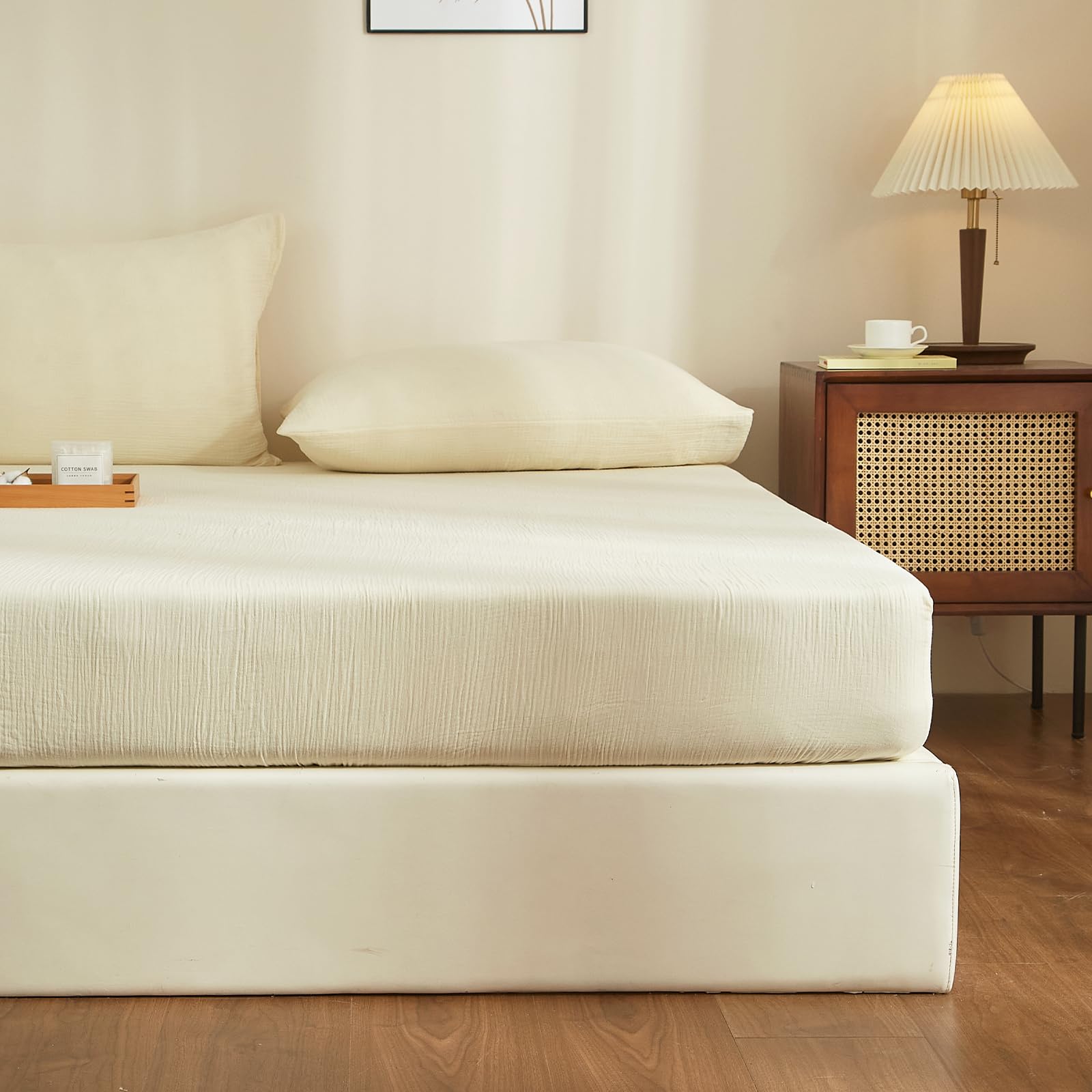 Boqingzhu Sábana bajera ajustable de algodón de muselina, 140 x 200 cm, color crema y blanco, transpirable, suave, con certificado Oeko-Tex, para colchón de 25 a 30 cm