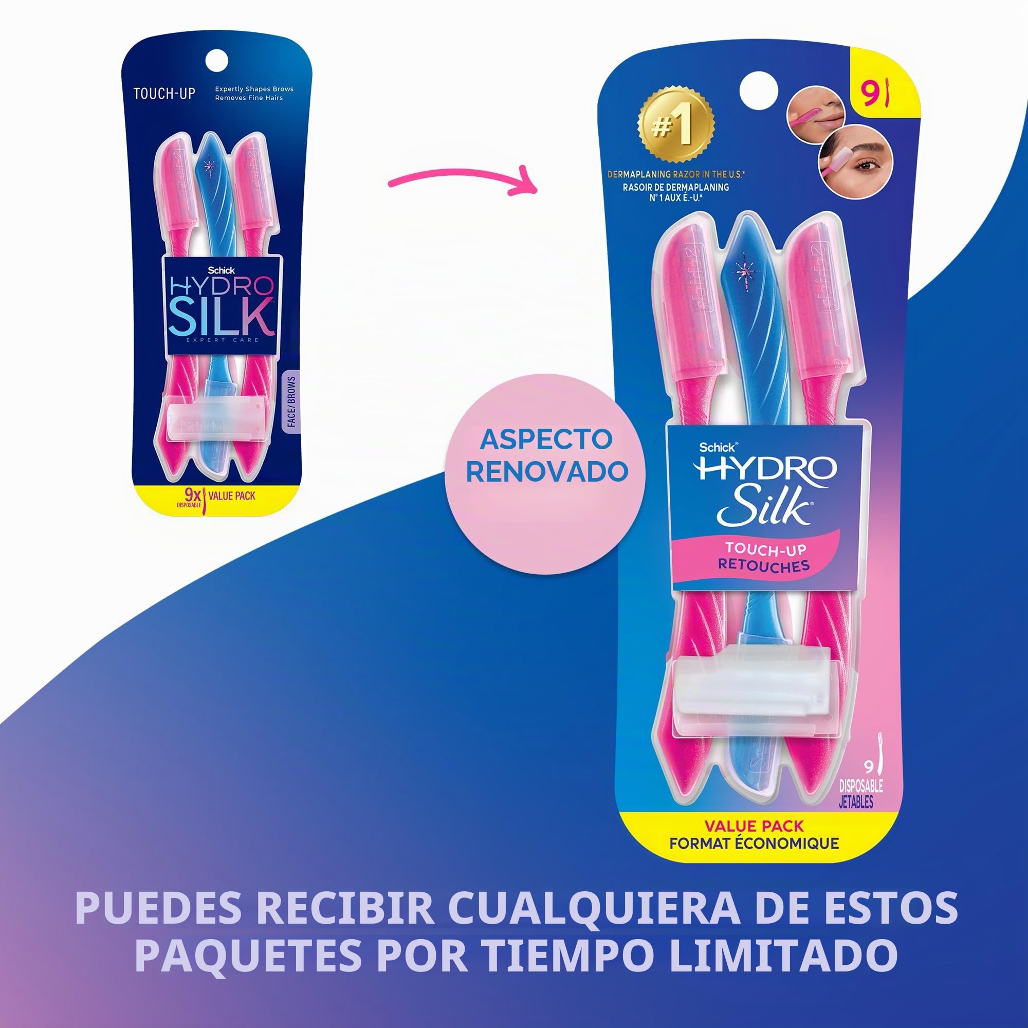 Schick Hydro Silk Herramienta exfoliante de retoque Dermaplaning, maquinilla de afeitar facial y cejas con cubierta de precisión, 9 unidades, maquinilla de afeitar Dermaplaning para mujer