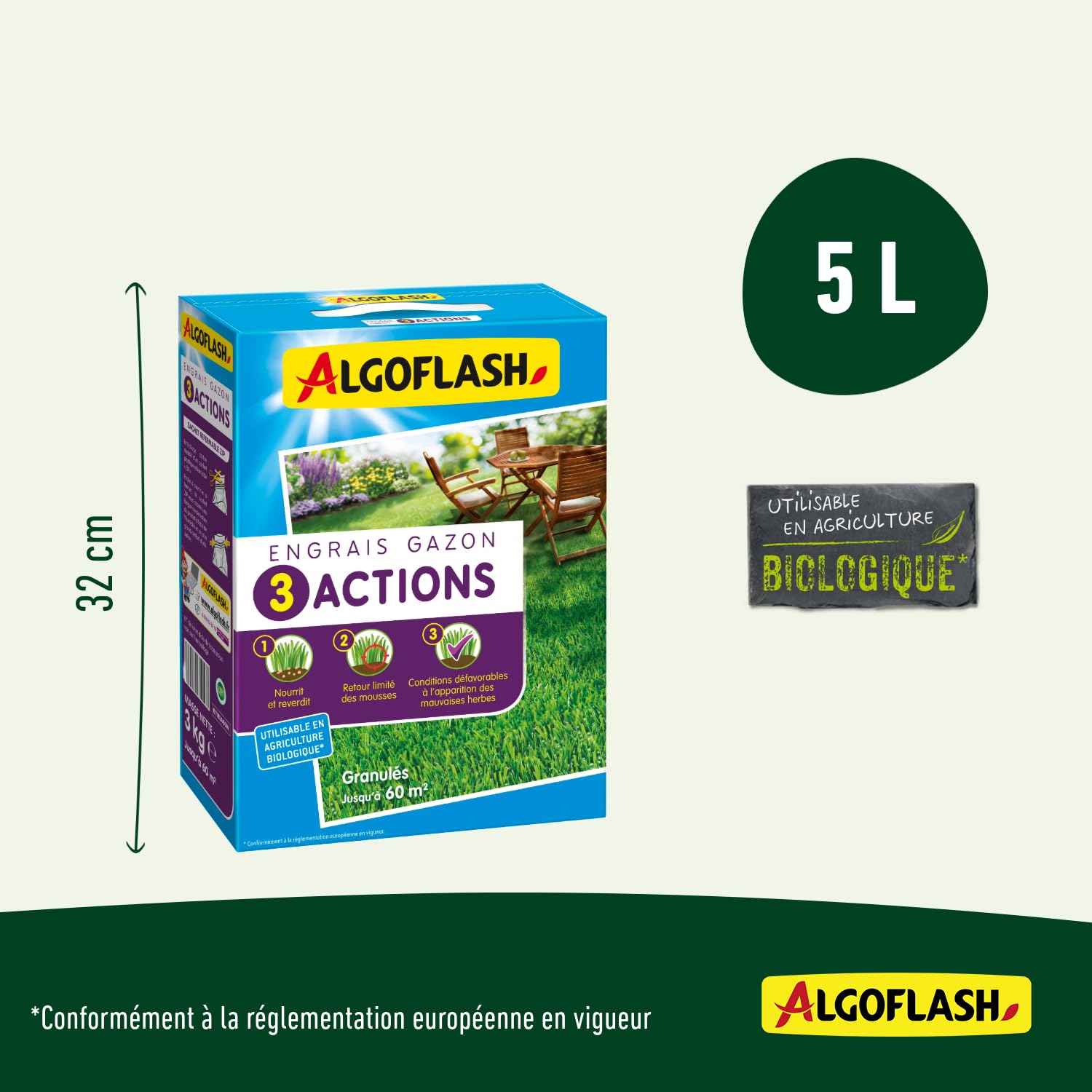 ALGOFLASH Engrais Gazon 3 Actions, Jusqu'à 60m², 3 kg, ETRIA60N