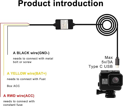 Miniatura 3 de MEIRIYFA Kit de cable duro para cámara de salpicadero kit de cámara de control USB tipo C cable reductor cable de alimentación de 12 V-24 V a CC 5 V
