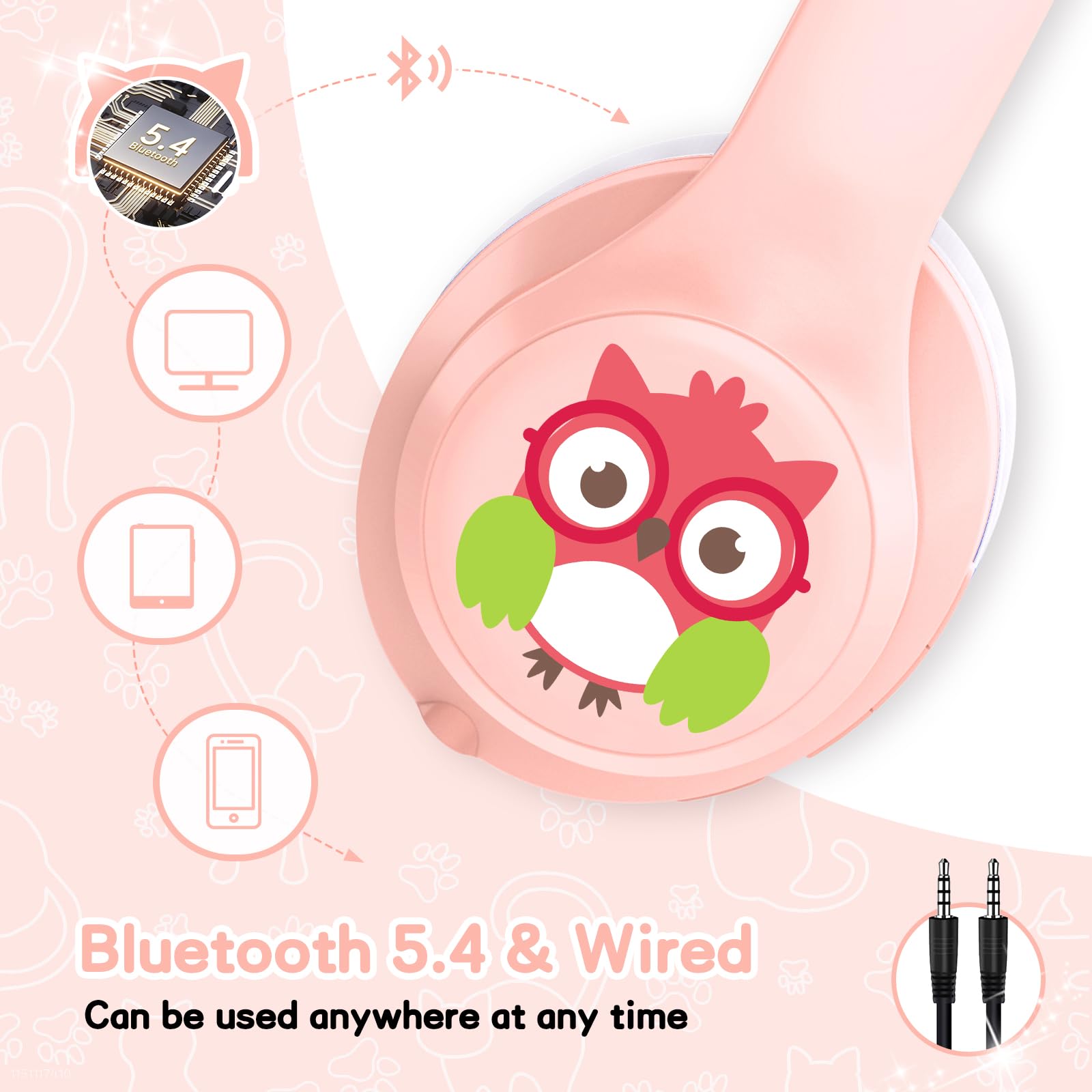 LOBKIN Auriculares Niños con Bolsa, Inalámbricos y con Cable, Auriculares Bluetooth Niños Niñas con Cancelación Activa de Ruido (ANC) Plegables Ajustable para Escuela, Viajes (Sin LED)