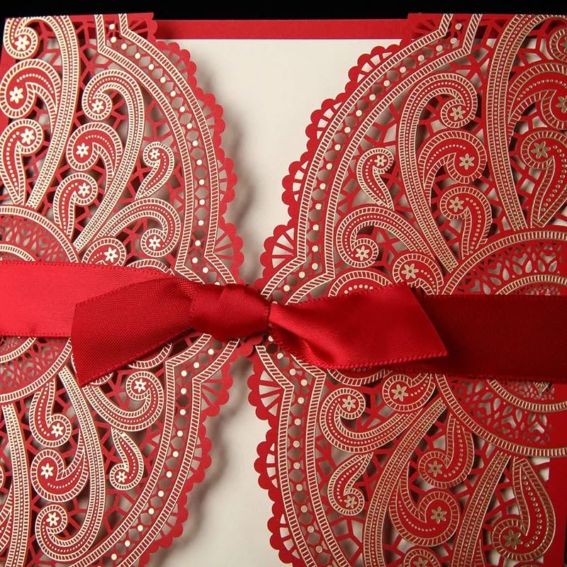 Faire Part De Mariage Invitations de Mariage 50 pièces Invitations élégantes en Dentelle Carte d'invitation de Mariage for fête d'anniversaire Faire Part Mariage(Red)