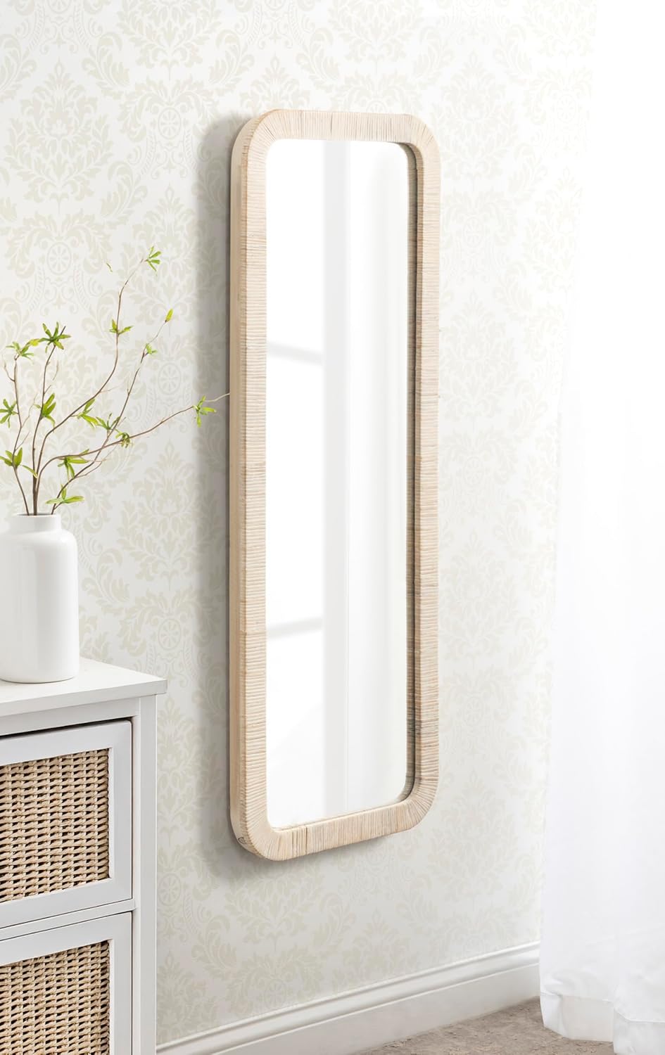 Kate and Laurel Rahfy Boho Rectangle Rattan Wall Mirror, 18 x 48, White, Decorative Rounded Rectangular Full-Length Mirror with Authentic Rattan Frame for Bedroom Floor Mirror