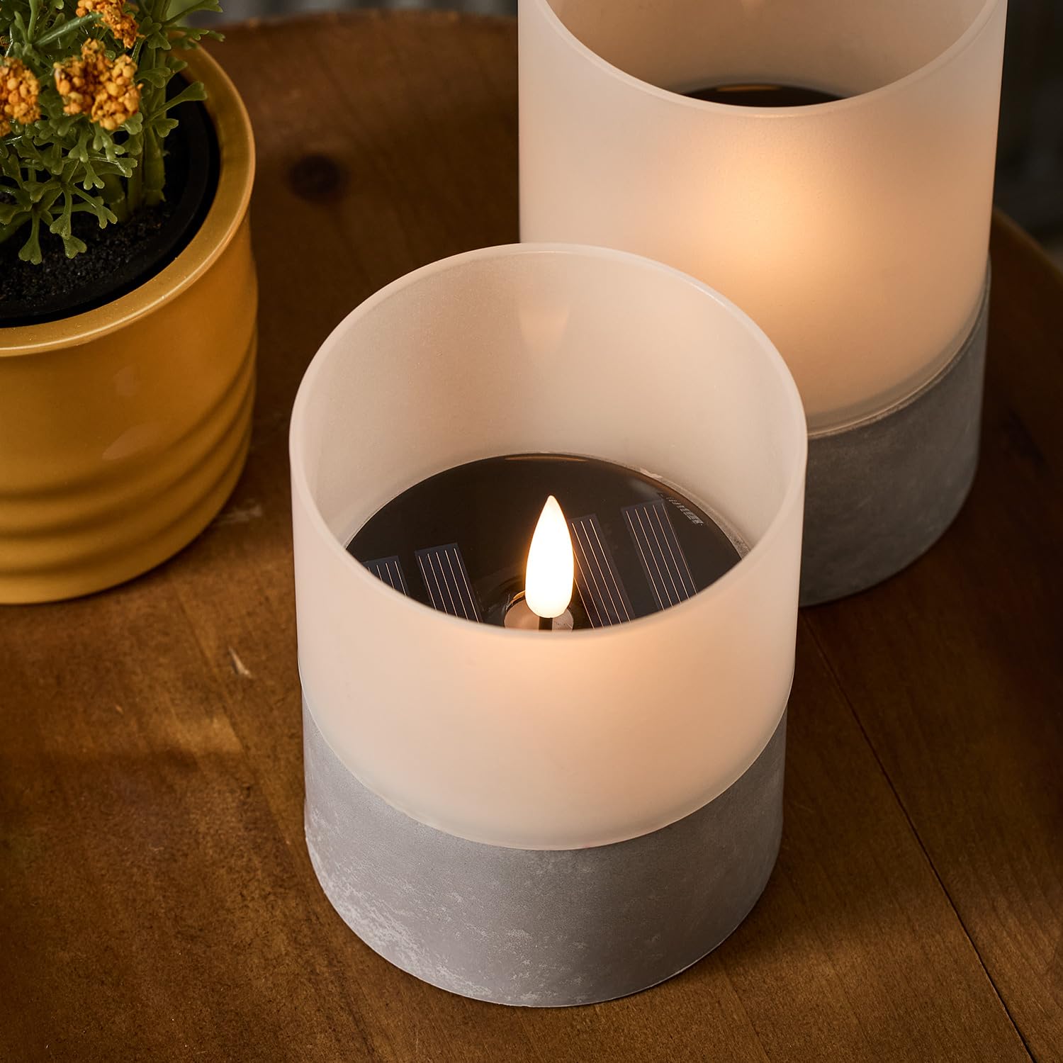 Lights4fun Set of 2 Frosted Glass Solar Powered TruGlow® LED Flameless Garden Patio Candles Realistic Warm White Flickering Flame - Image 2