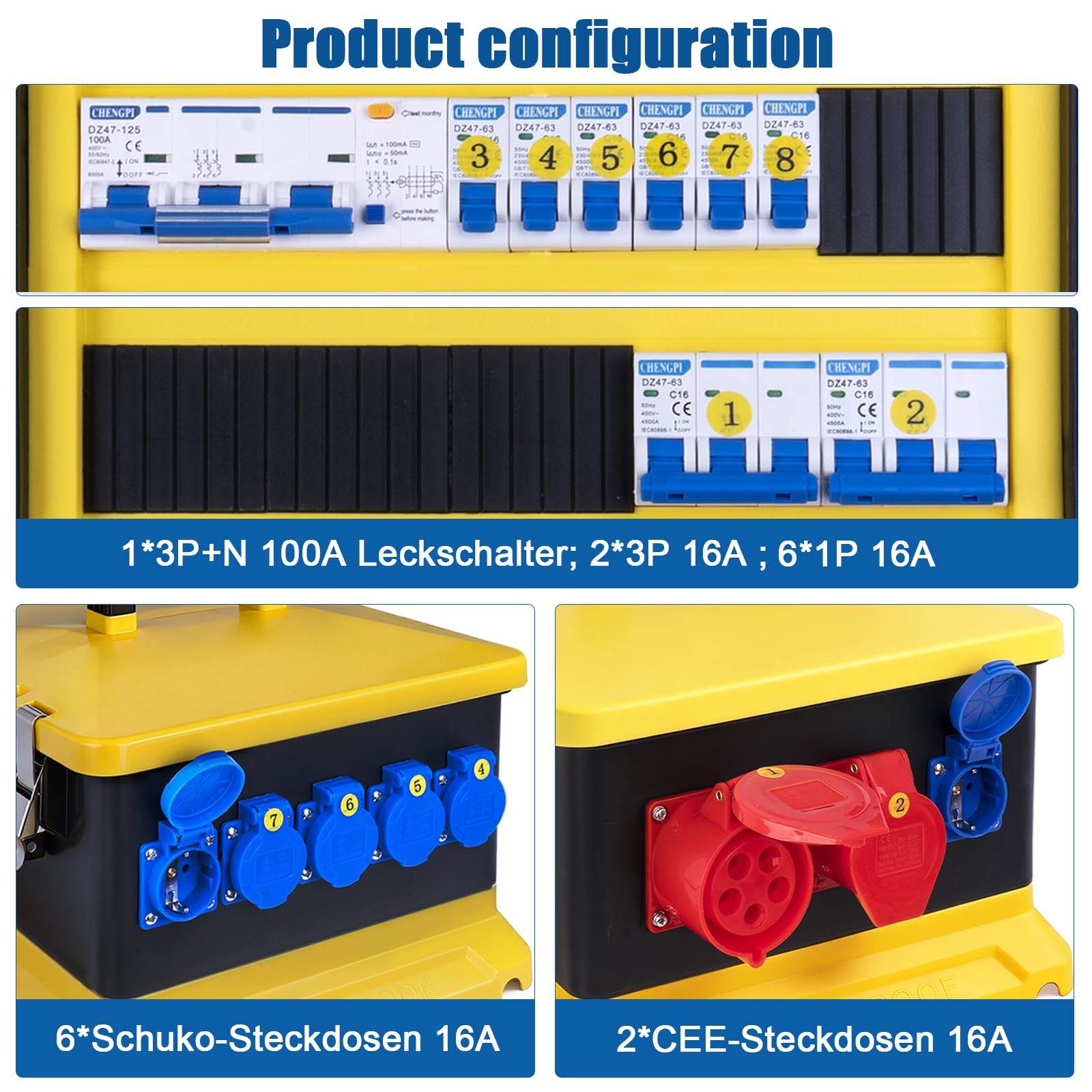 Baustromverteiler 30 Module mit Leitungsschutzschalter,IP54 Wasserfest Tragbare Steckdosenbox mit IP54 230V/16A Schuko Steckdose und IP44 CEE Steckdose 400V/16A für Baustelle Werkstatt