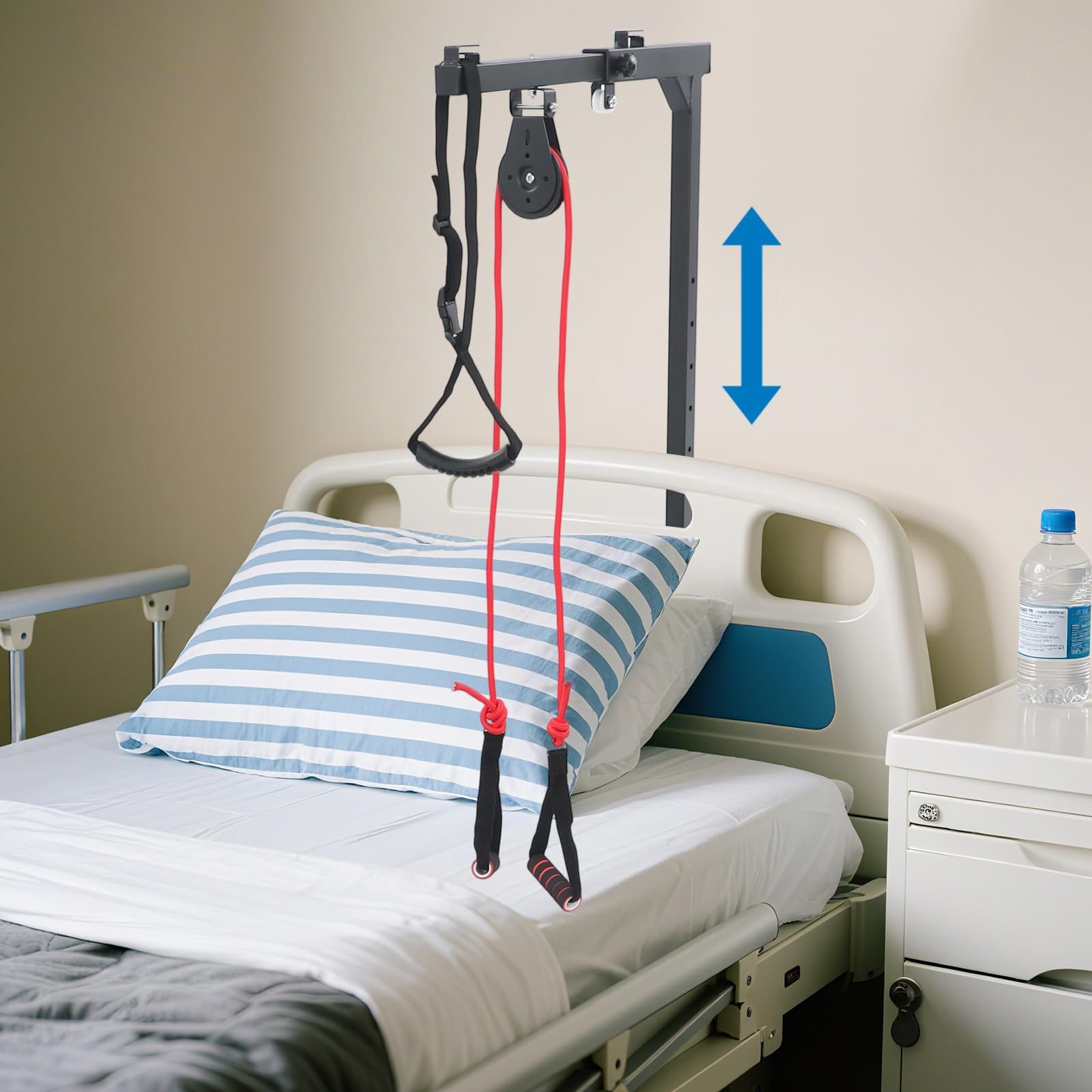 Elevador de cama de acero ajustable en altura ajustable, ayuda para dominadas de movilidad con mango trapezoidal, ayuda de elevación para ancianos y pacientes, hasta 100 kg (negro)