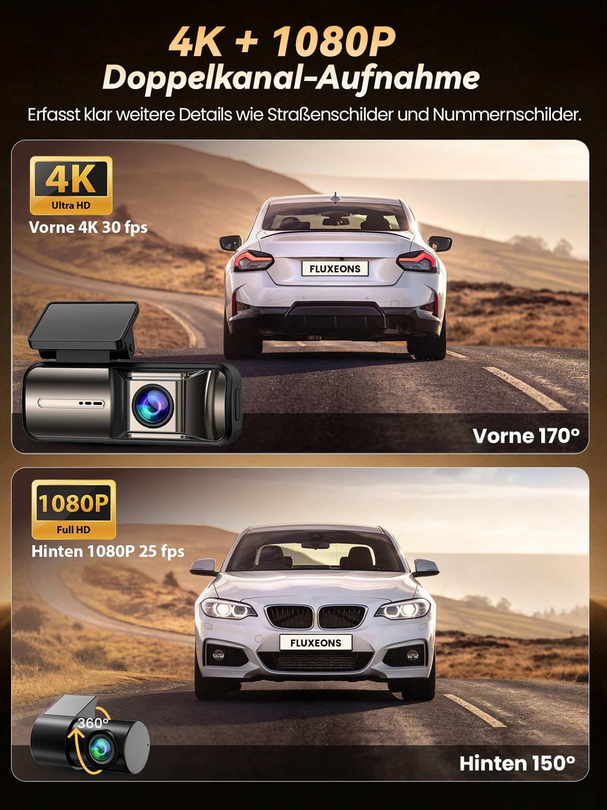 4K +1080P Dashcam Auto Vorne Hinten mit 64GB Karte, APP Steuerung mit 5GHz Wi-Fi, G-Sensor, 170° Weitwinkel, Nachtsicht, WDR, 24/7 Parküberwachung, Loop-Aufnahme (X3)