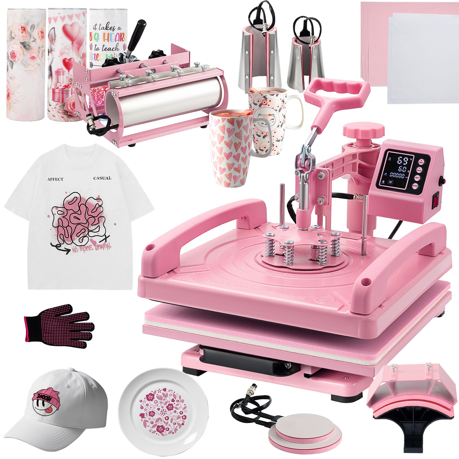 Prensa térmica Hitgrand 8 en 1 de 15 x 15 pulgadas para camisetas, sombreros, tazas, platos, telas, cerámica, vidrio, textiles, algodón, lino, fibra química y nailon.