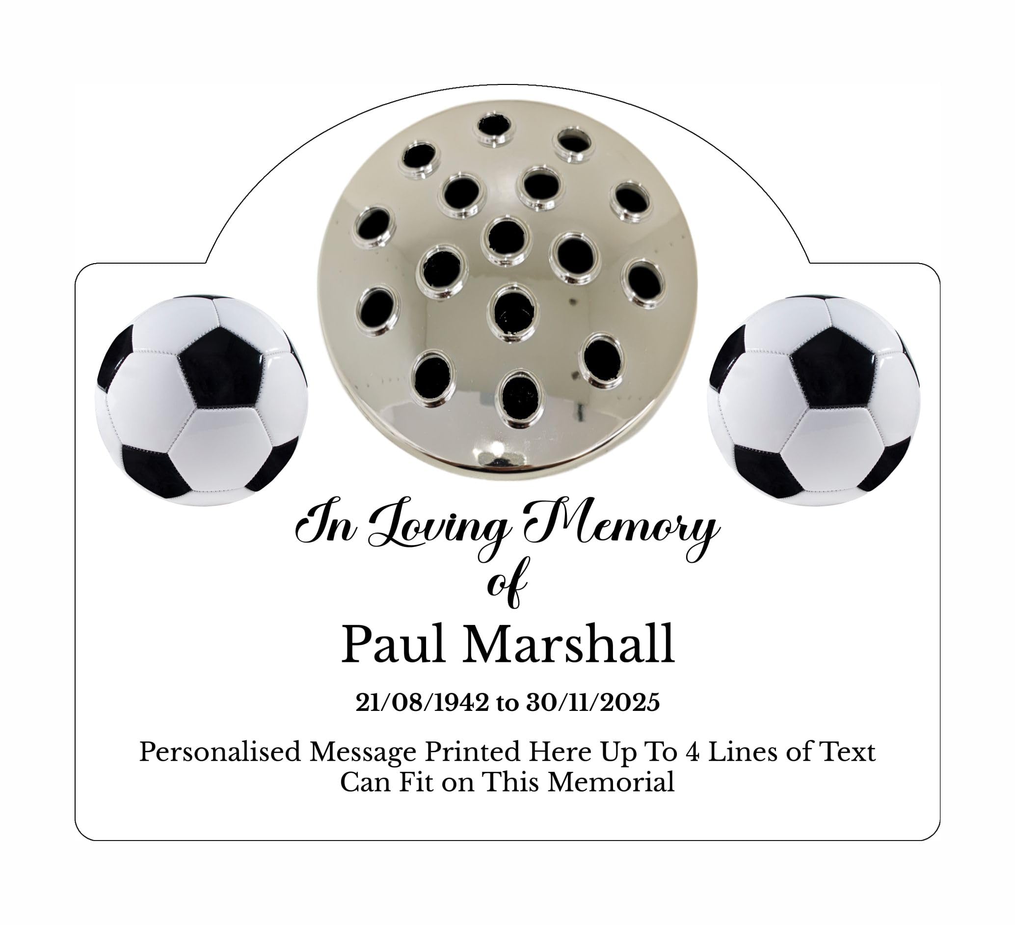 1stclassgifts Personalised Football Design Metal Grave Stone Marker Headstone Memorial Plaque In Memory Sign Remembrance Flower Pot Vase (UV PRINTED) (White, Silver Lid)