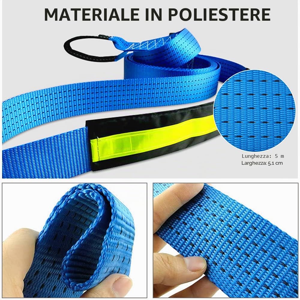 Cinghia Traino Fuoristrada Auto, 9T Corda Traino Elastica Recupero Tuning (5M), Heavy Duty Car Essentials Professionale Kits con 2 Ganci Di Sicurezza per Soccorso Stradale per Furgoni