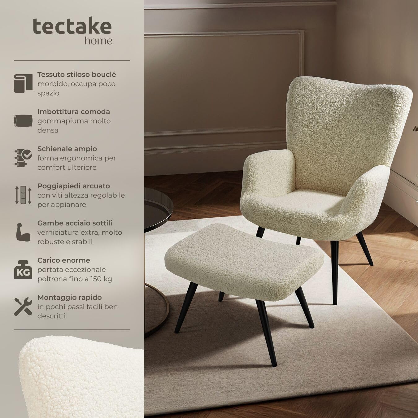tectake® Poltrona Imbottita, Poltrona Ergonomica con Schienale e Braccioli, Poltrona Camera da Letto, Poltrona Salotto Moderna, Carico Massimo 150 kg - con Pouf, Bouclé, Crema/Nero