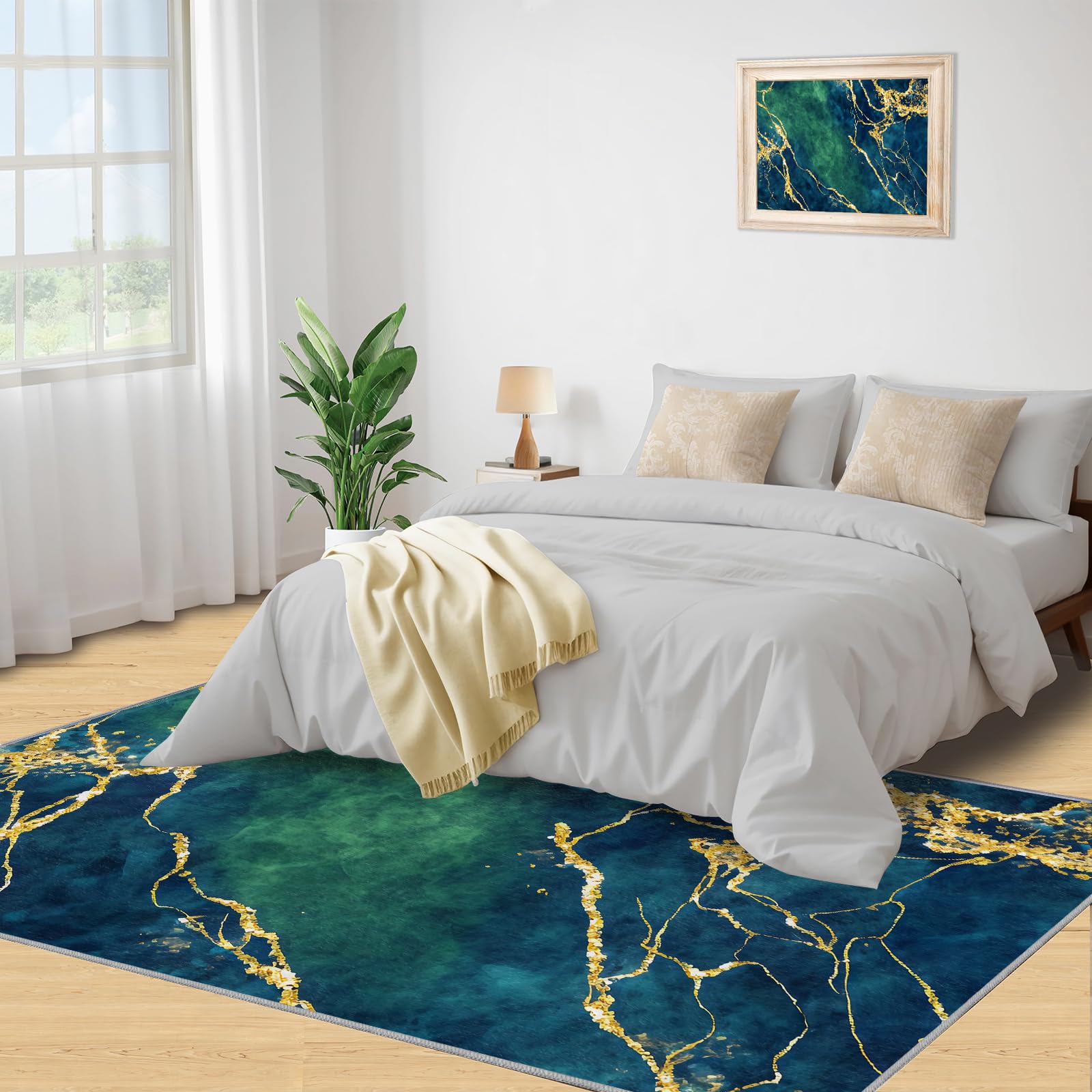 Tapis de marbre vert émeraude doré pour salon, 100x150 cm, tapis de luxe à motif géométrique abstrait pour chambre, tapis de cuisine antidérapant et lavable, tapis à poil court et doux pour