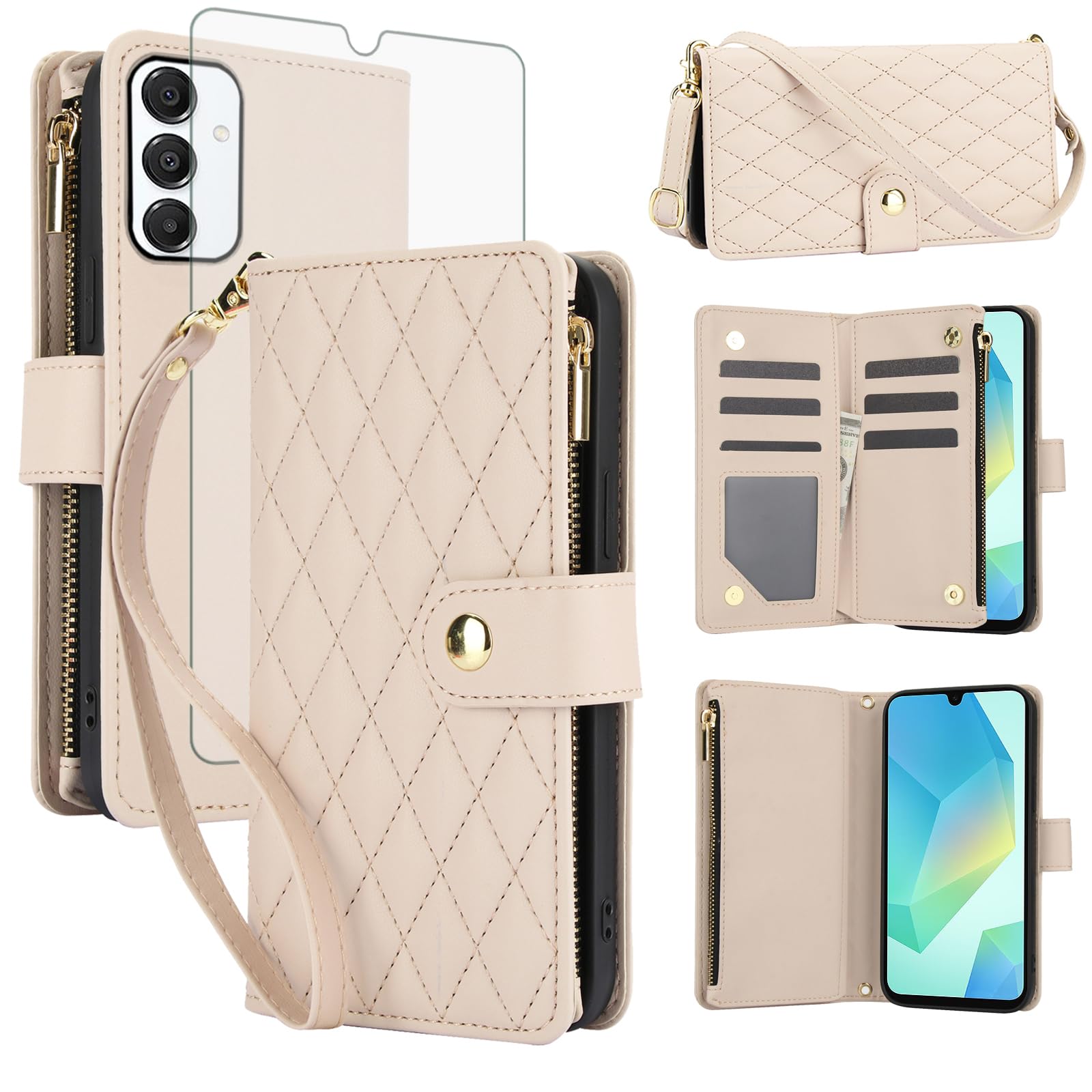 Asuwish Handyhülle für Google Pixel 8 Pro Hülle mit Band Folie Schutzfolie Kartenfach Klappbar Leder Geldbörse Ständer Pixel8Pro 8Pro 5G Reißverschluss Wallet Handy Hüllen Schutzhülle Phone Case Weiß