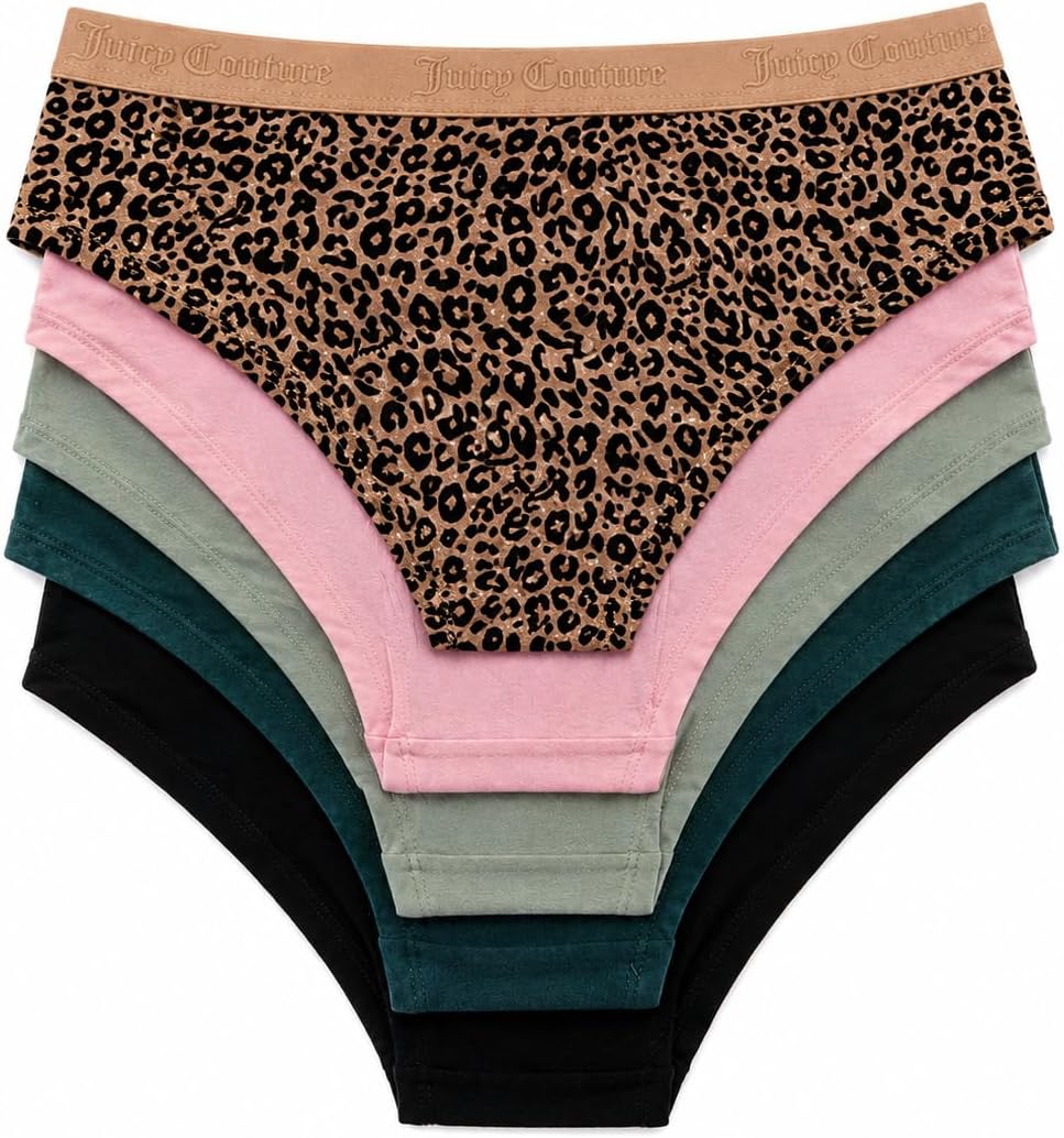 Juicy Couture Women's Bikini Underwear, 5 Pack, Cotton Blend, Tag Free, Multicolor Print